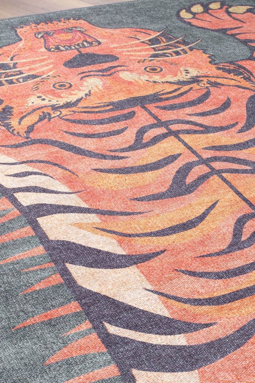 Kaplan Tibetan Tiger Orange & Faded Green Rug