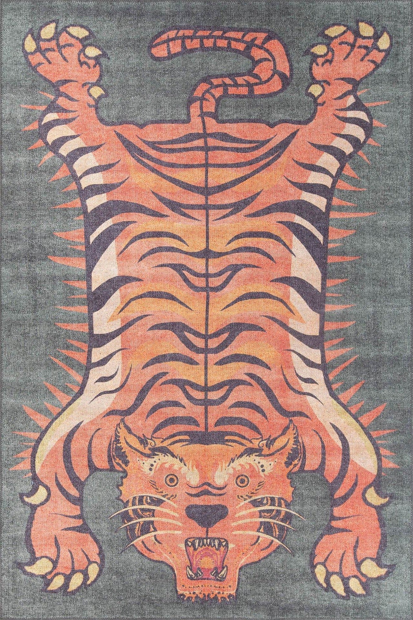 Kaplan Tibetan Tiger Orange & Faded Green Rug
