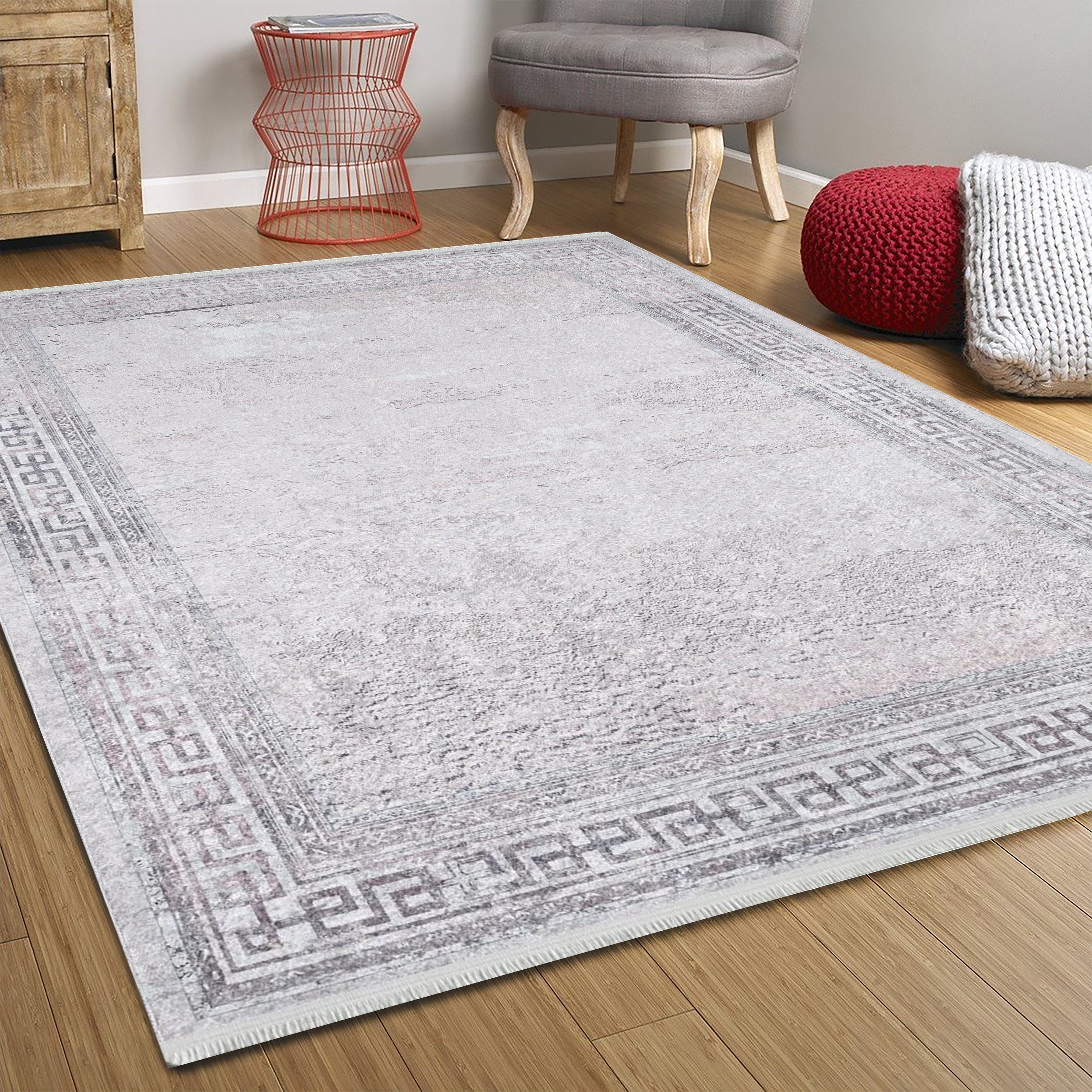 Key Geometric White Light Pink Gray Rug