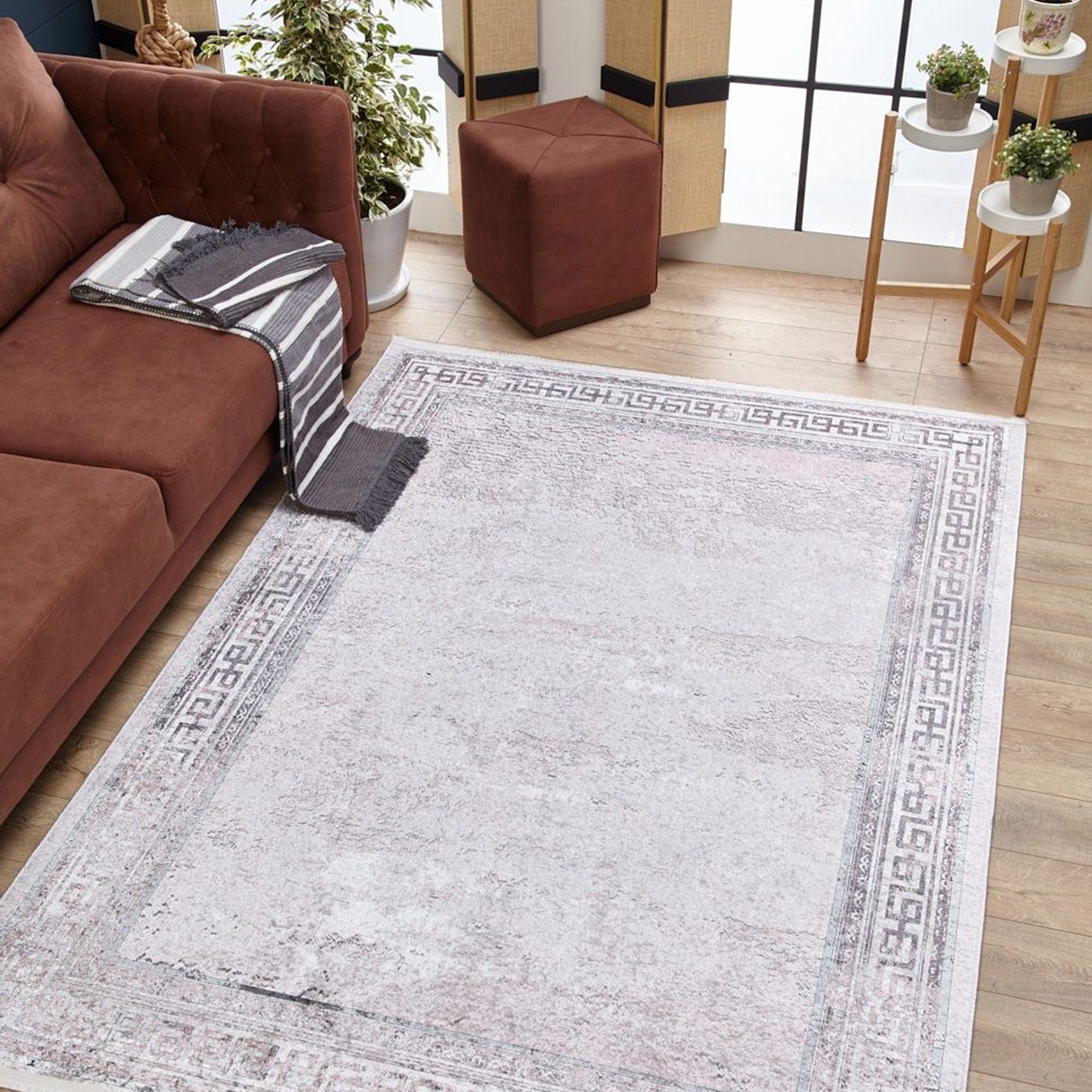 Key Geometric White Light Pink Gray Rug