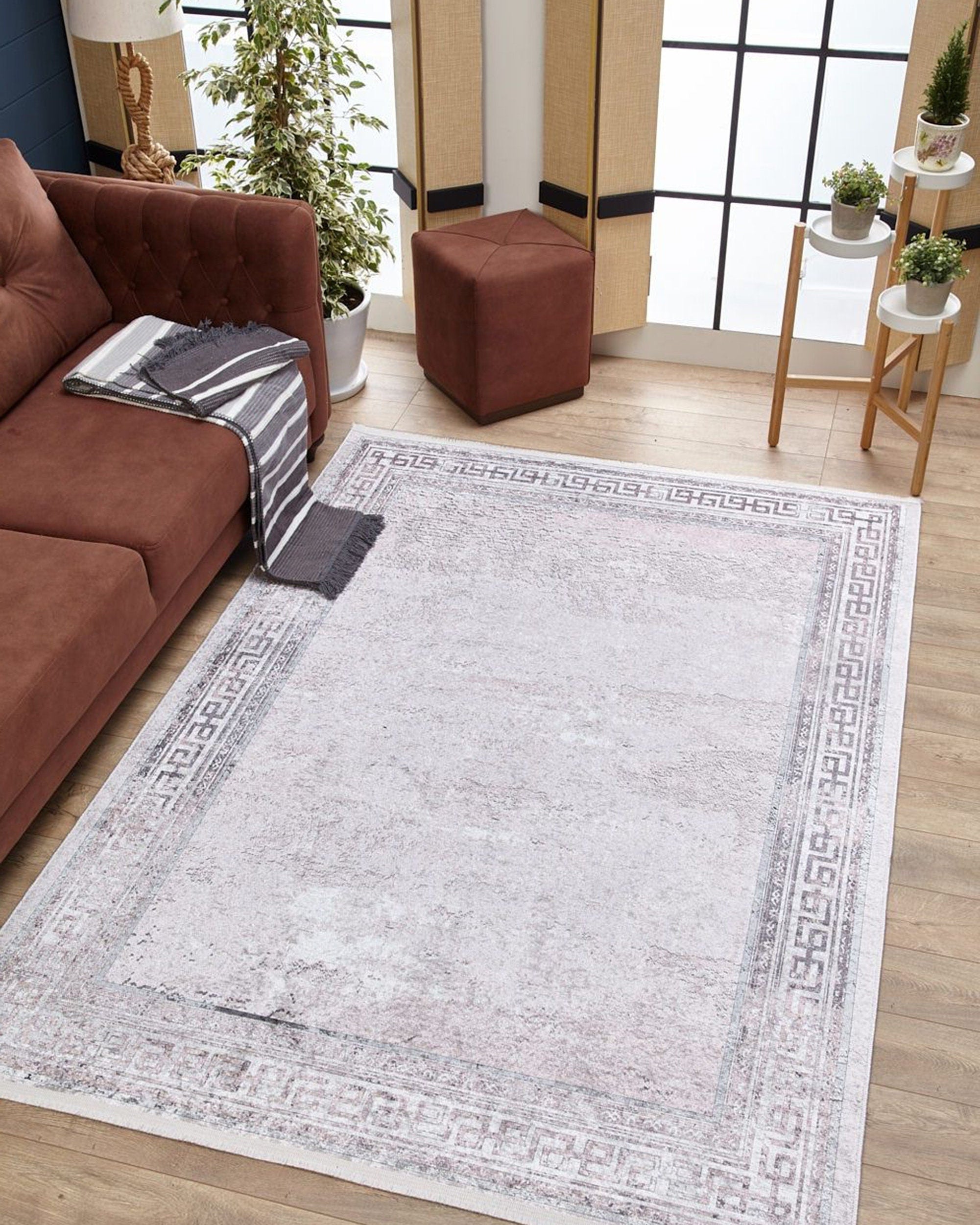 Key Geometric White Light Pink Gray Rug