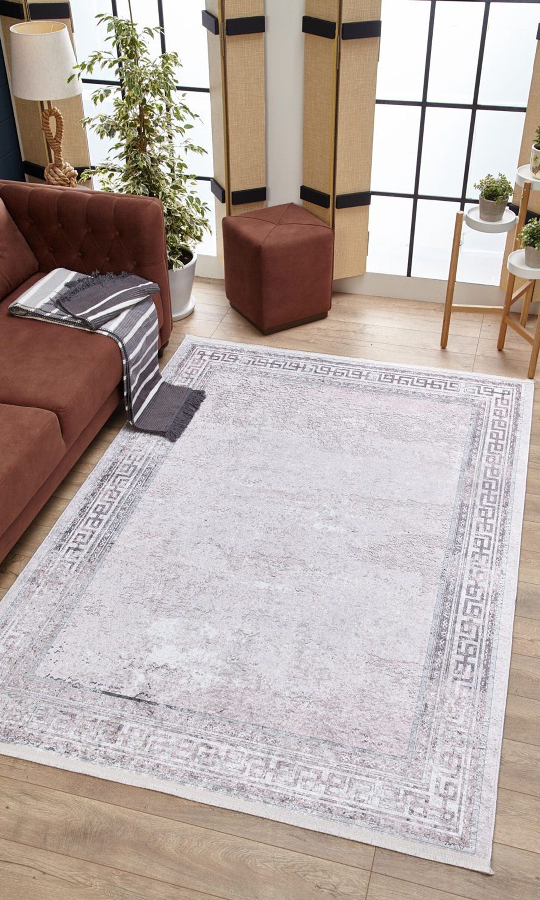Key Geometric White Light Pink Gray Rug