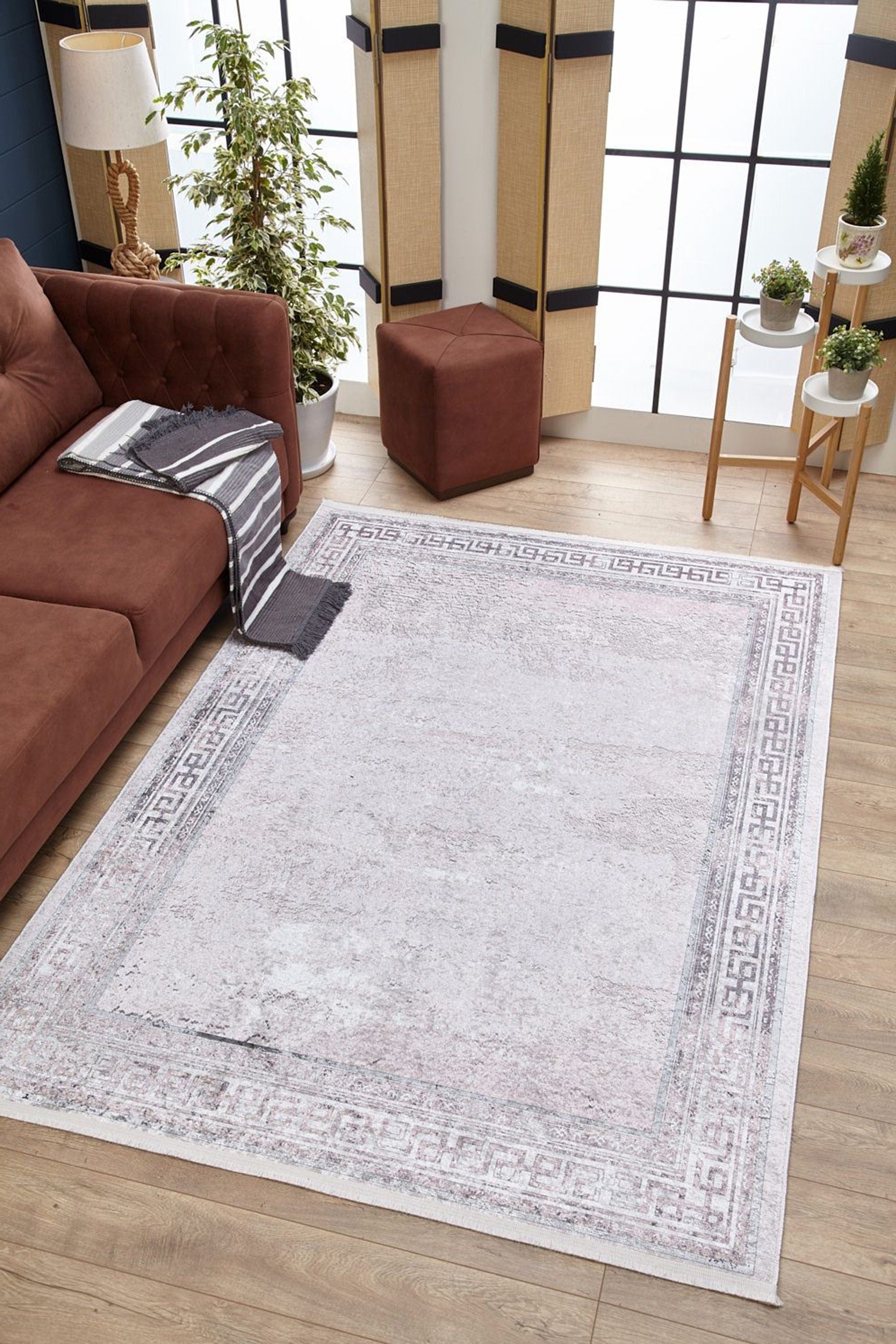 Key Geometric White Light Pink Gray Rug