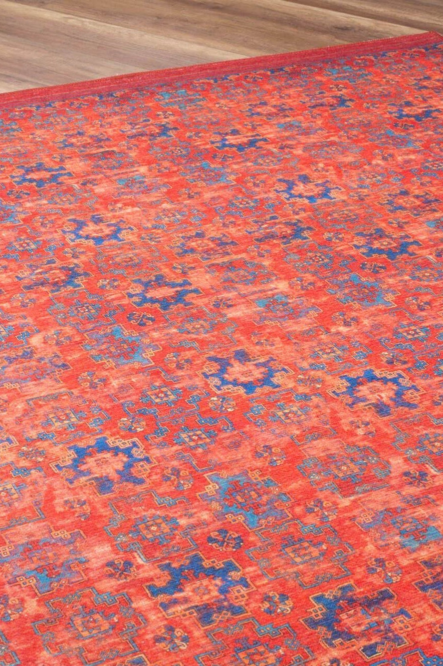 Kiraz Scandinavian Red Coral and Blue Rug