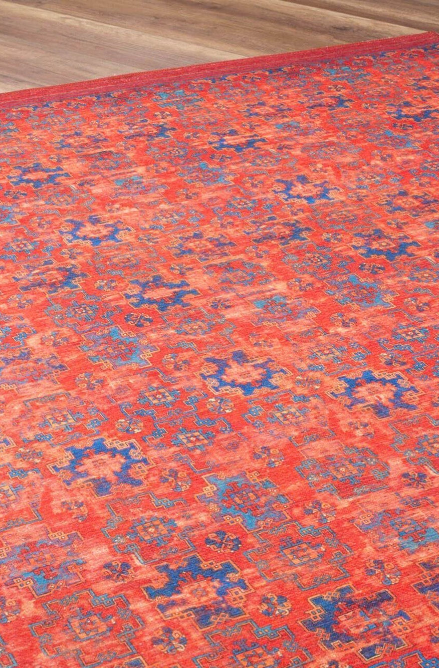 Kiraz Scandinavian Red Coral and Blue Rug