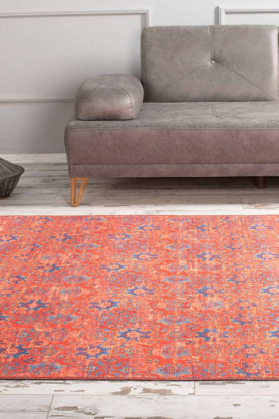 Kiraz Scandinavian Red Coral and Blue Rug
