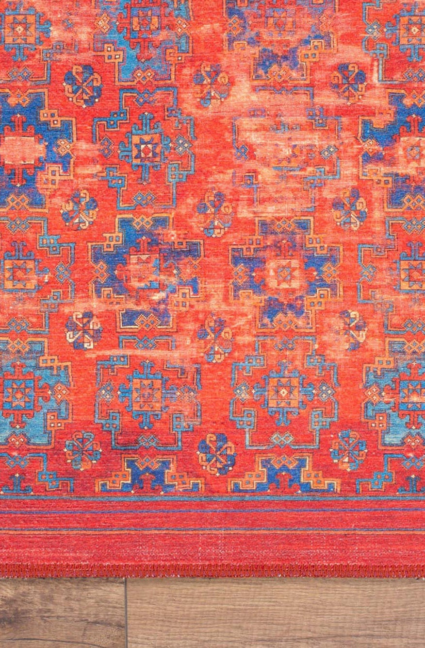 Kiraz Scandinavian Red Coral and Blue Rug