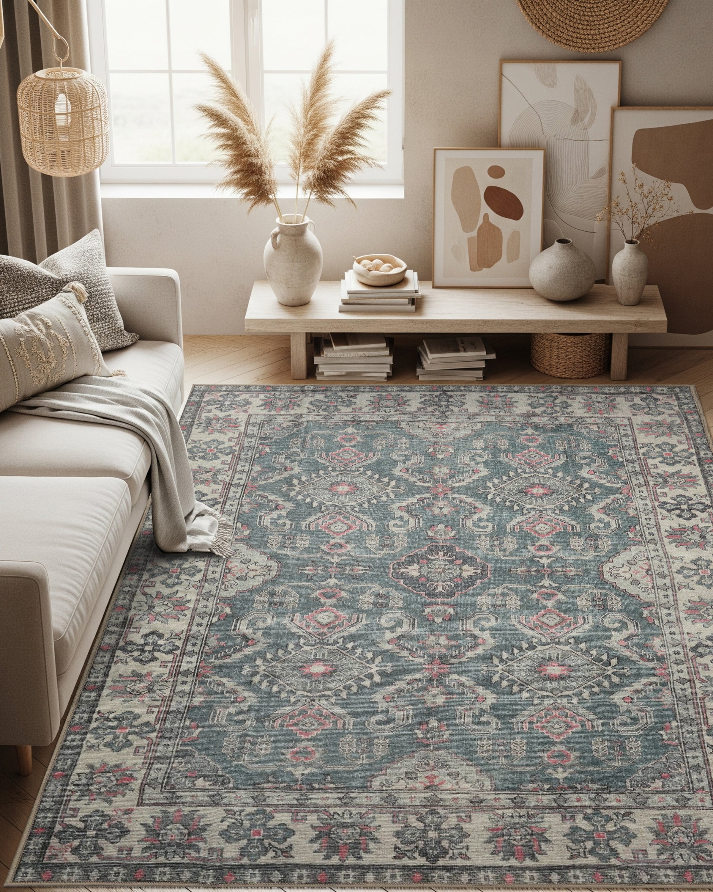 Distressed Geometric Medallion Teal and Pink Tribal Area Rug - Fame Rugs