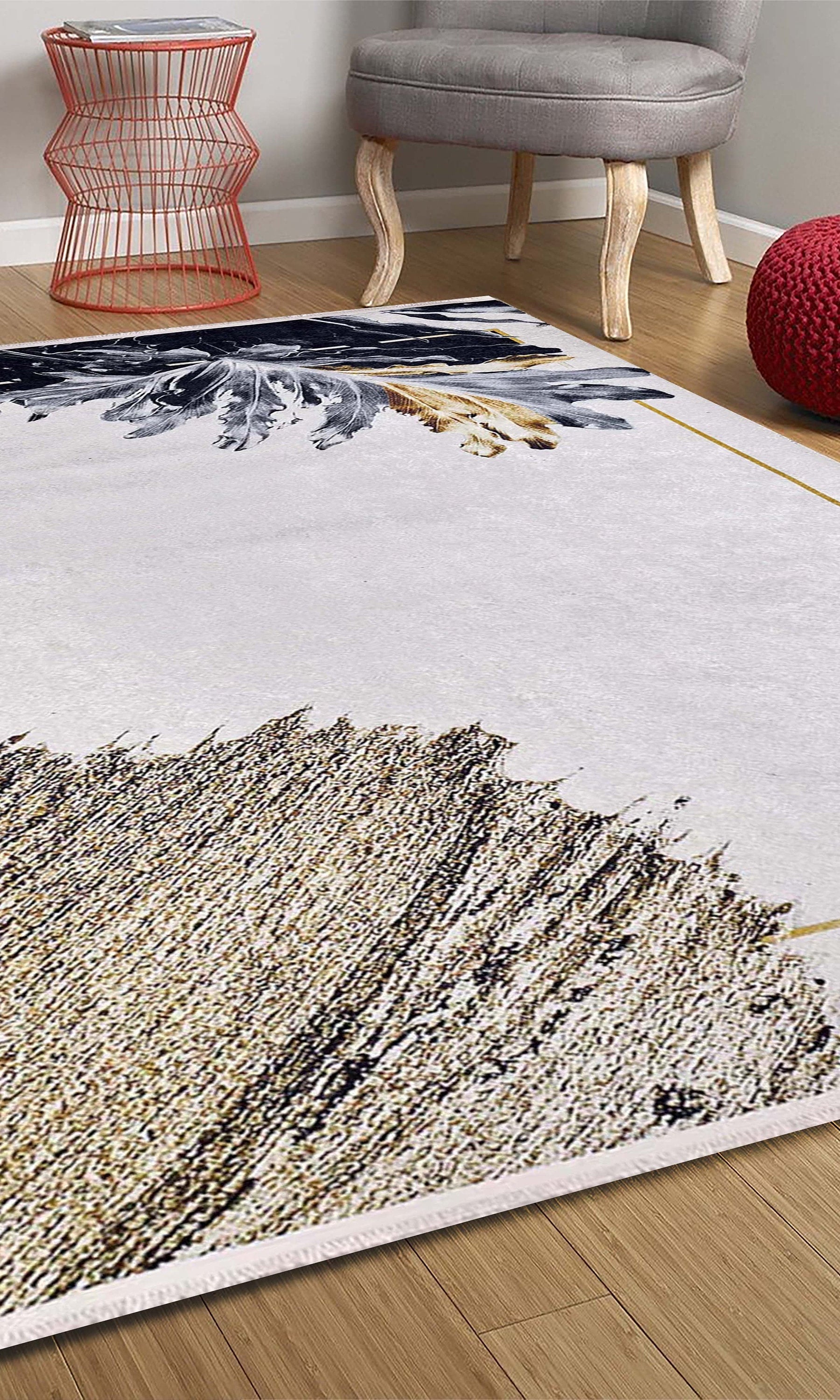 Lia Leaf Art White Beige Rug