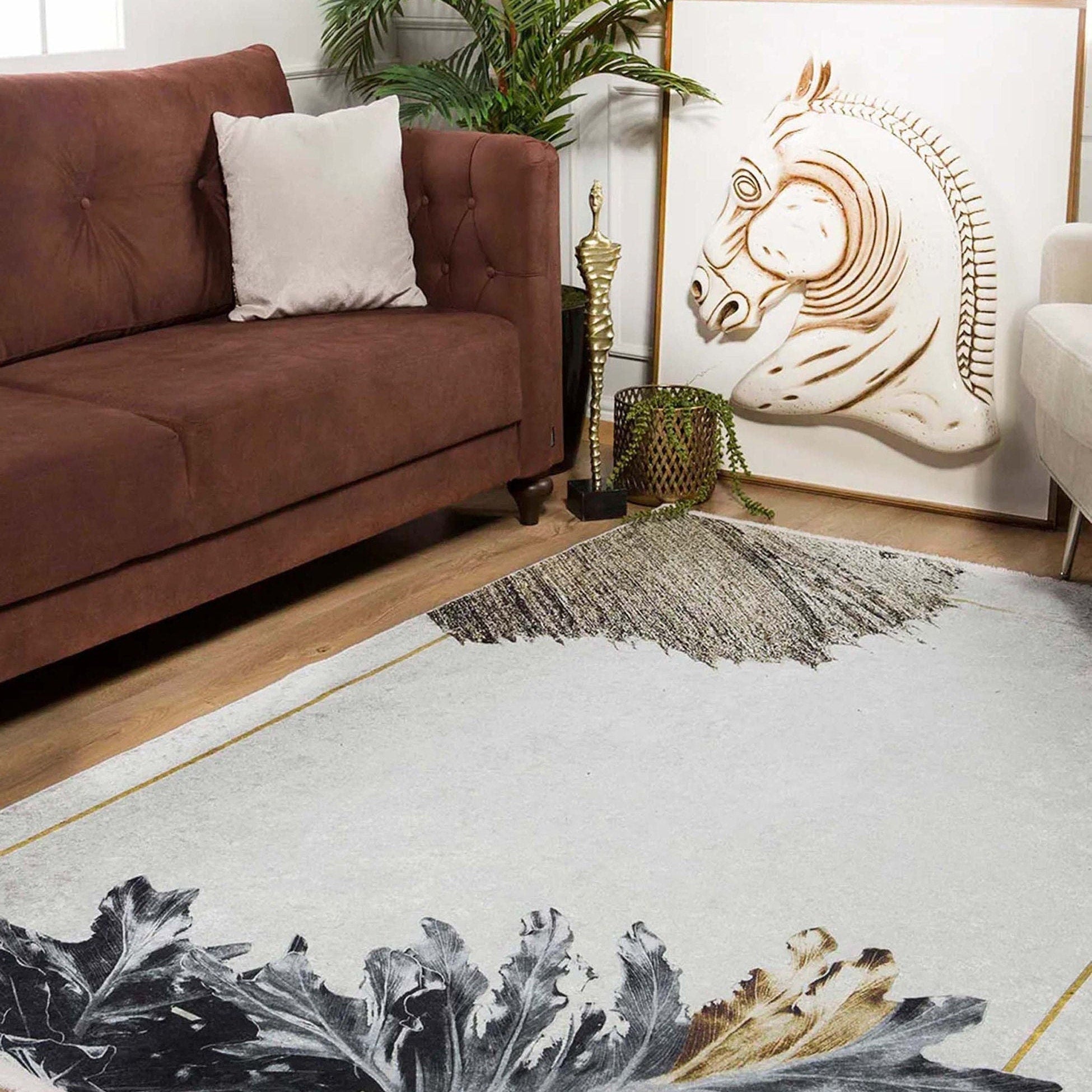 Lia Leaf Art White Beige Rug