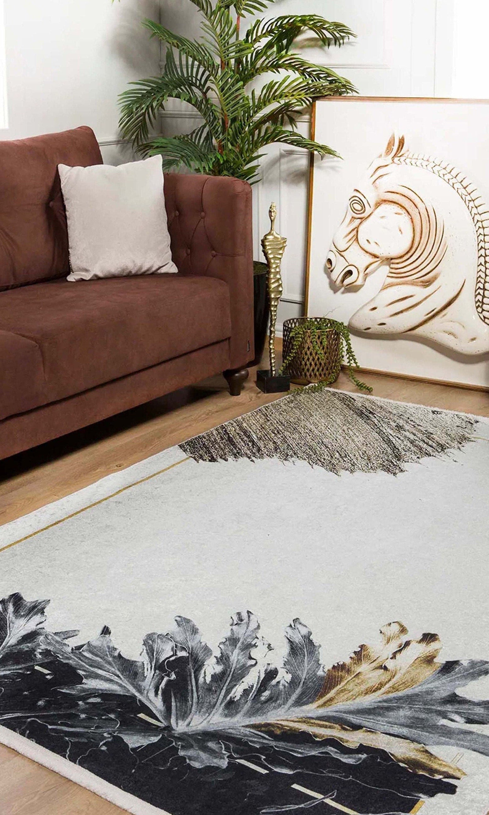 Lia Leaf Art White Beige Rug
