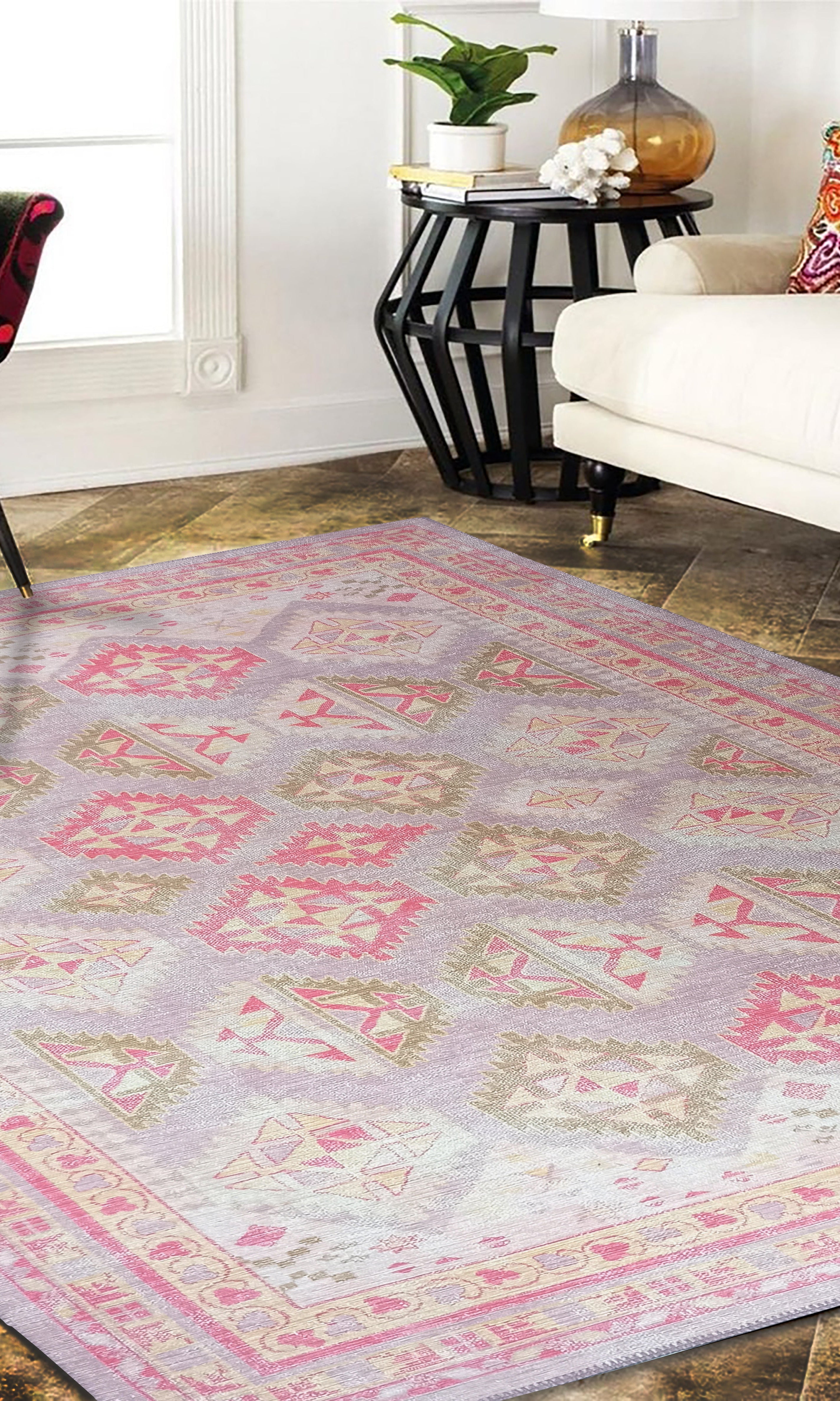 Lilac Purple Pink Herki Vintage Rug