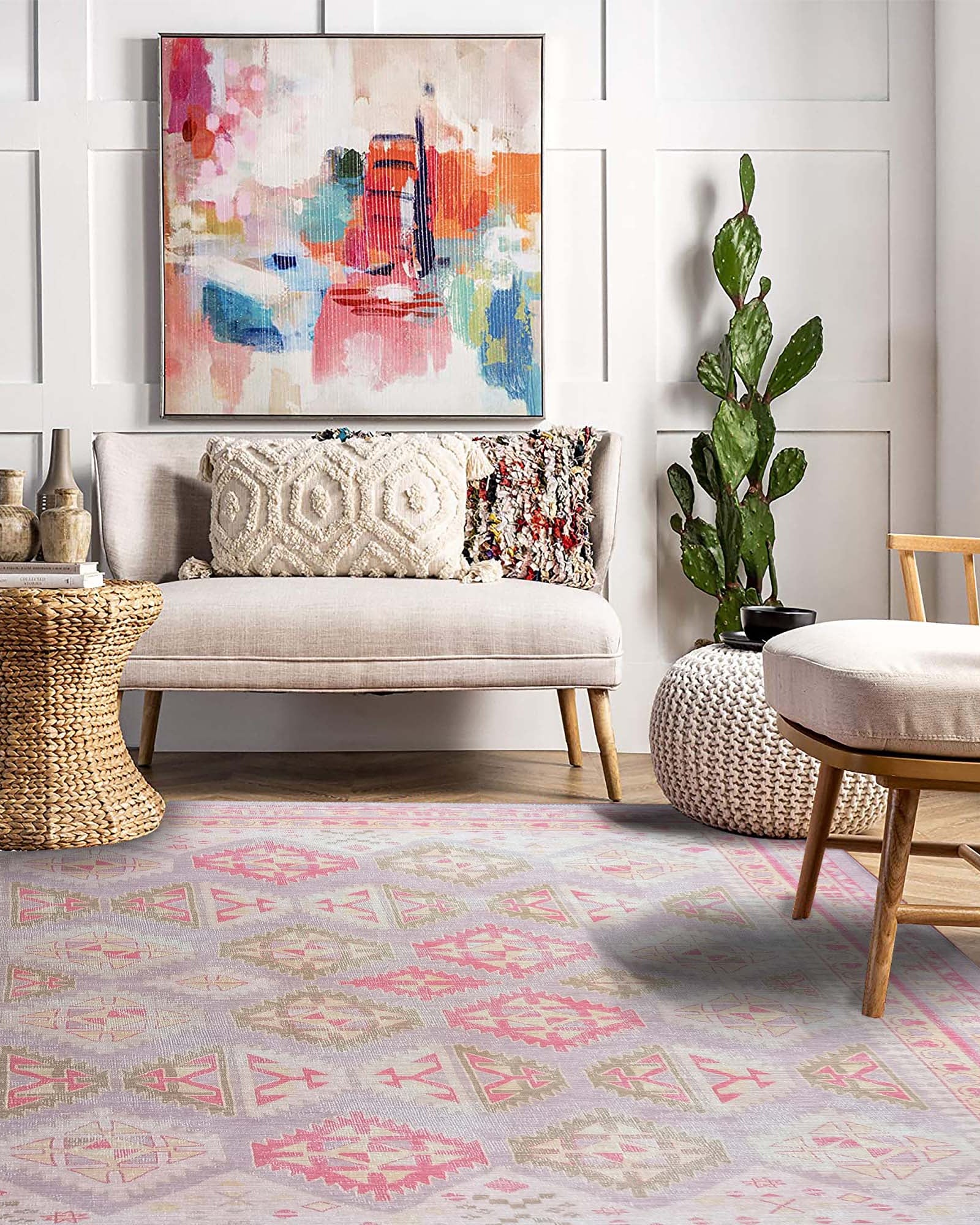 Lilac Purple Pink Herki Vintage Rug