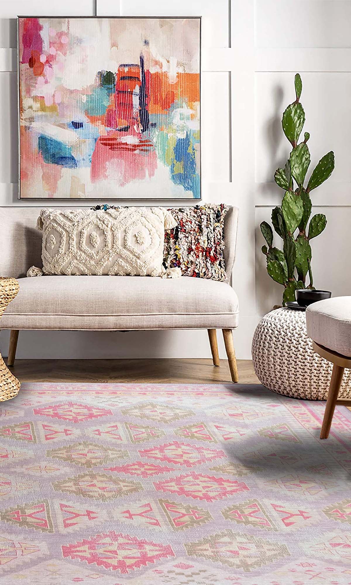 Lilac Purple Pink Herki Vintage Rug