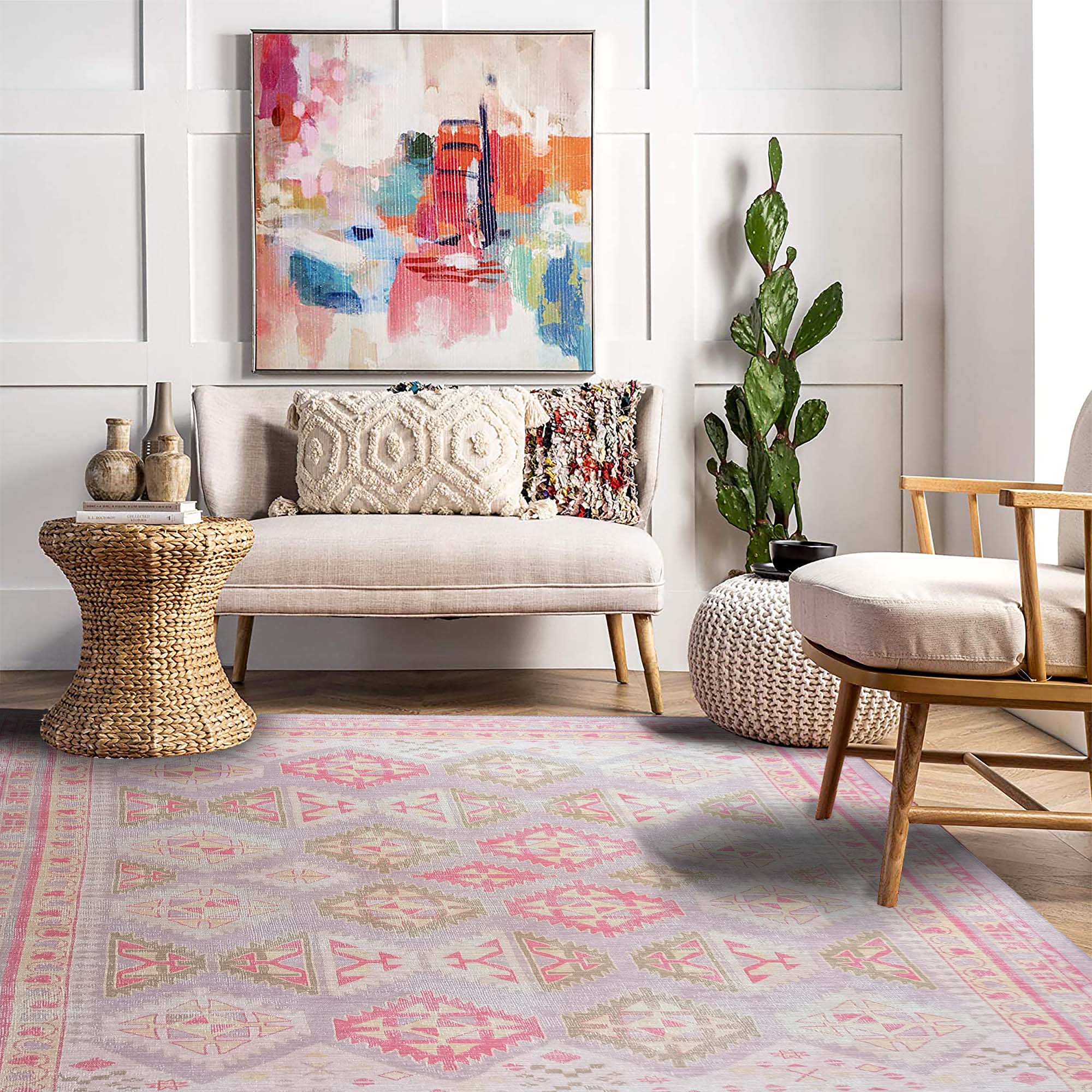 Lilac Purple Pink Herki Vintage Rug