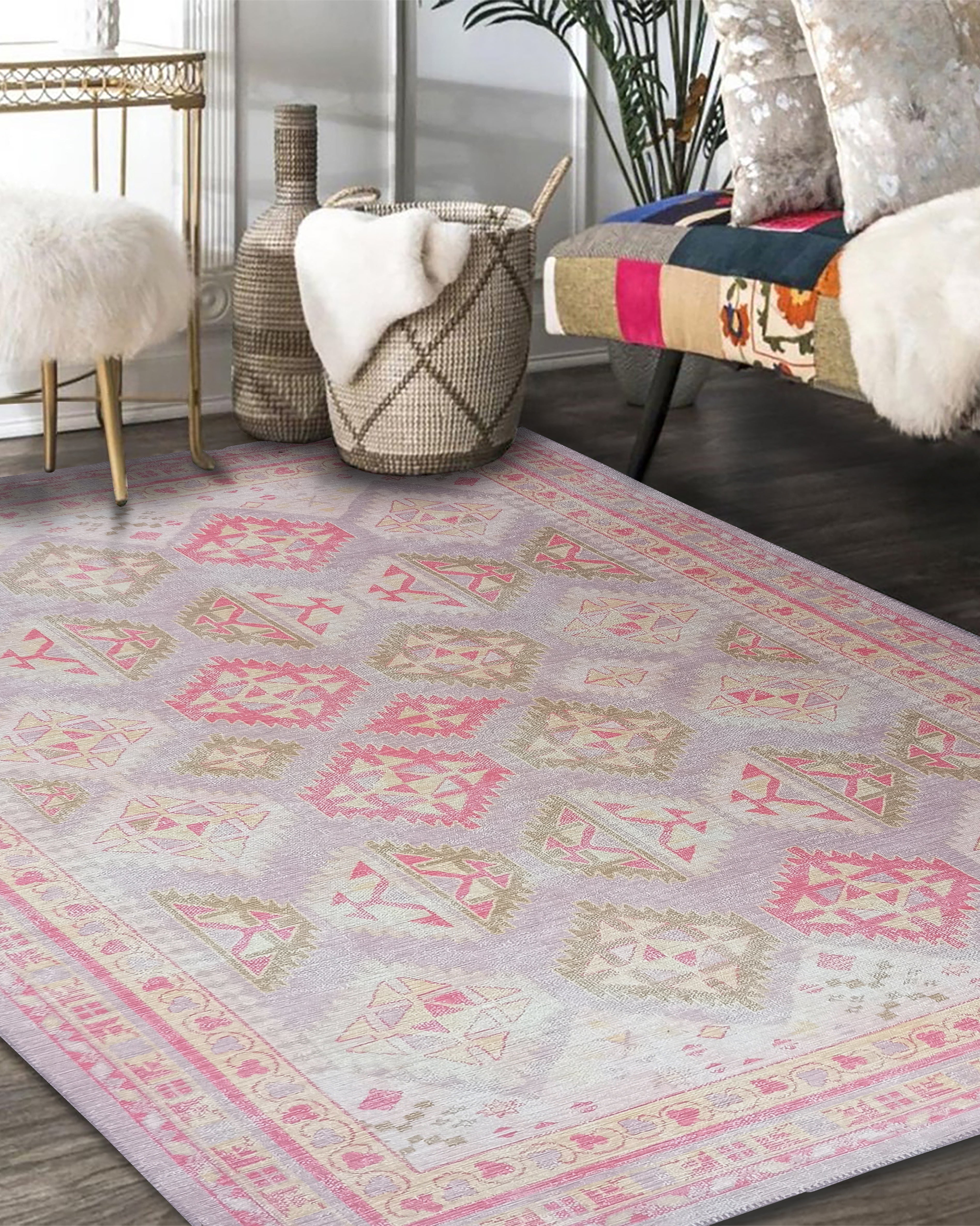 Lilac Purple Pink Herki Vintage Rug