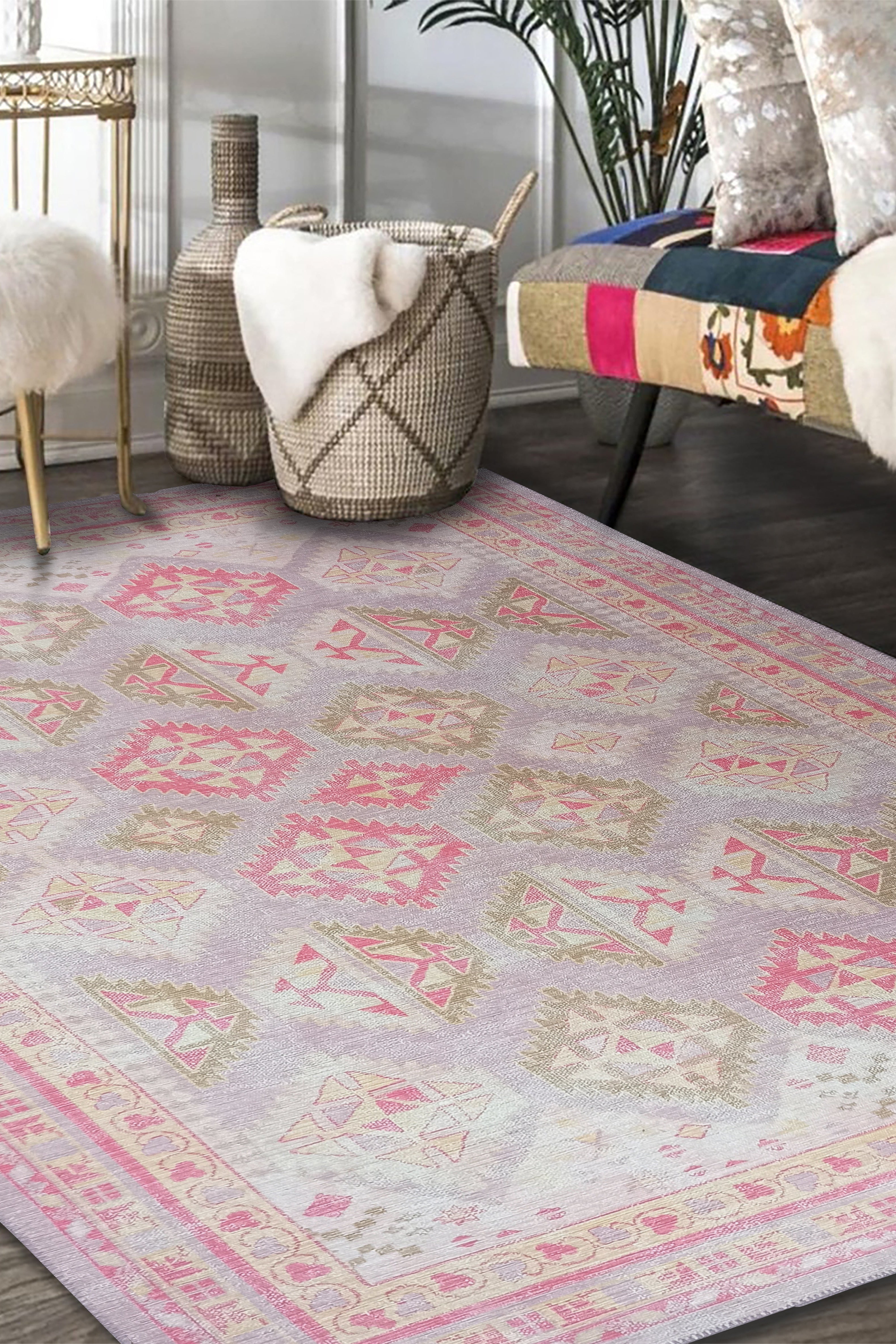 Lilac Purple Pink Herki Vintage Rug