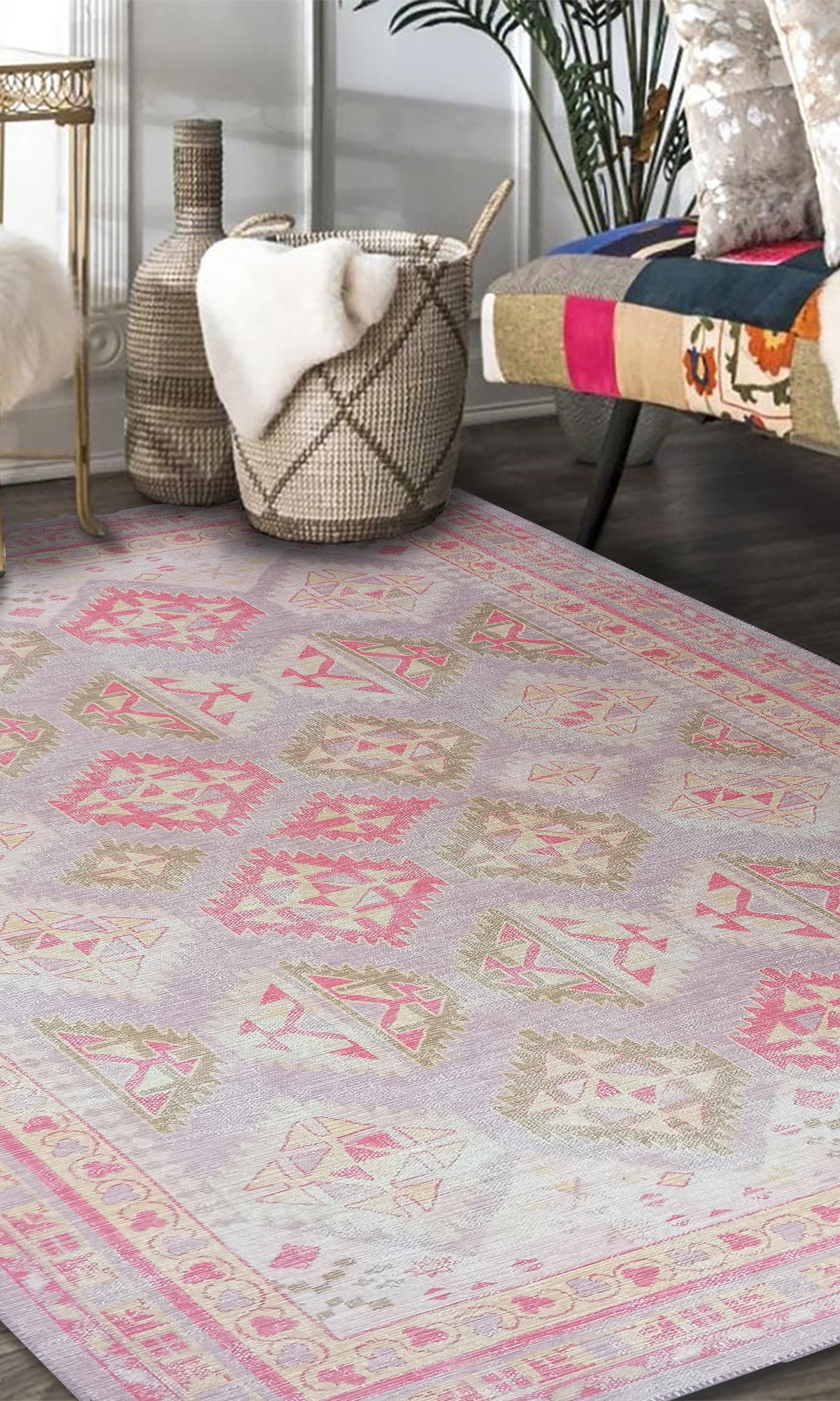 Lilac Purple Pink Herki Vintage Rug