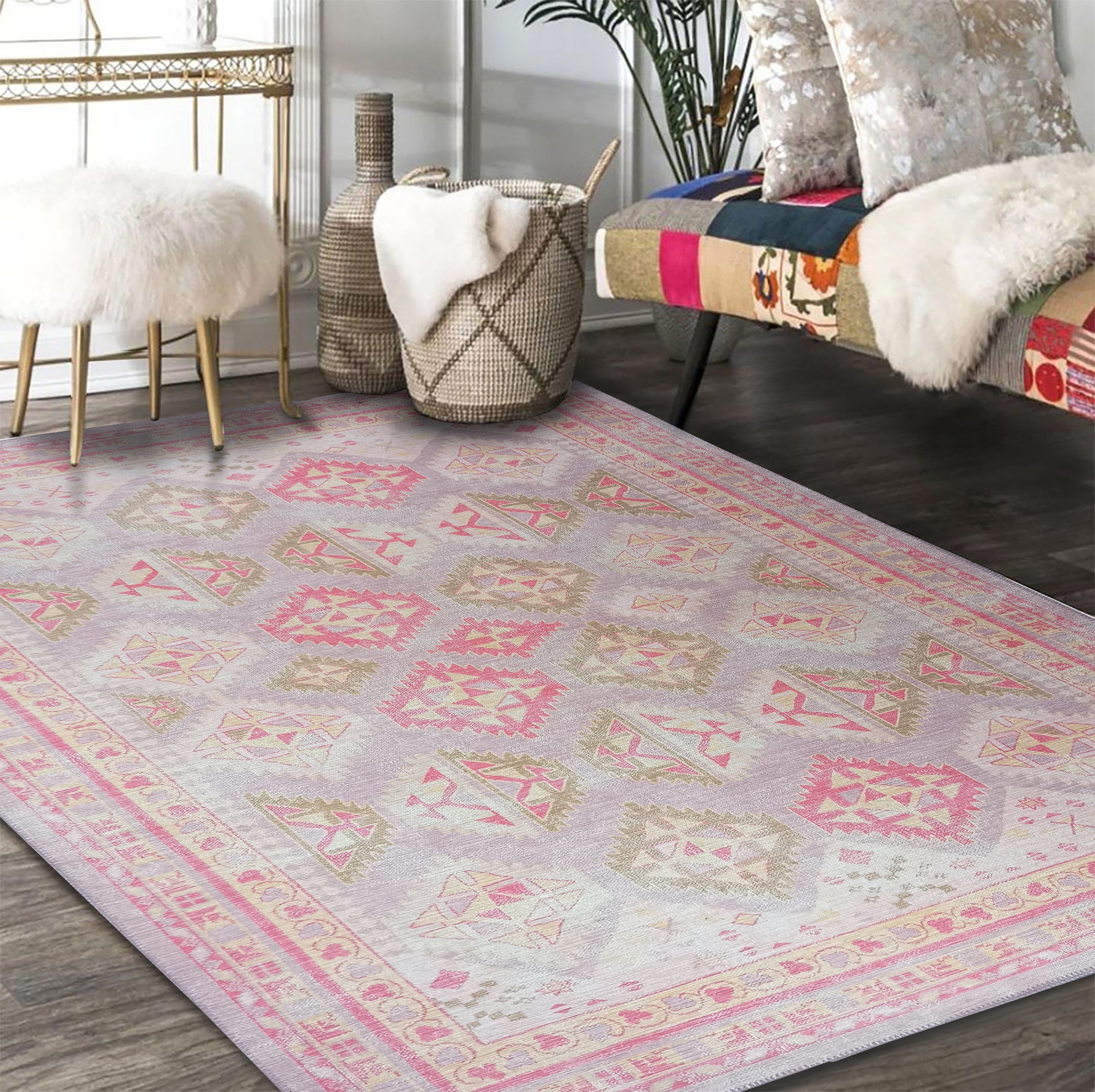 Lilac Purple Pink Herki Vintage Rug