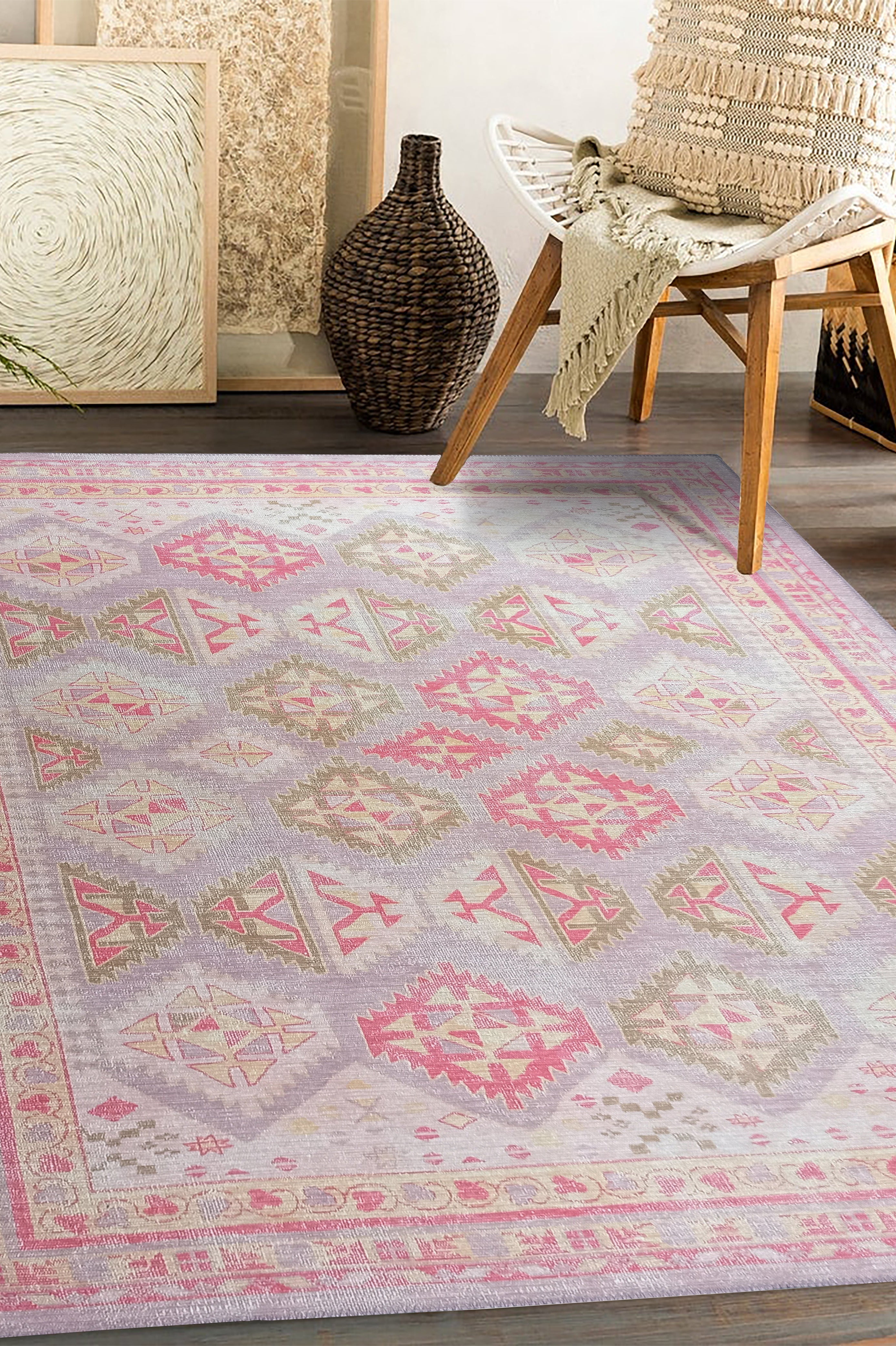 Lilac Purple Pink Herki Vintage Rug