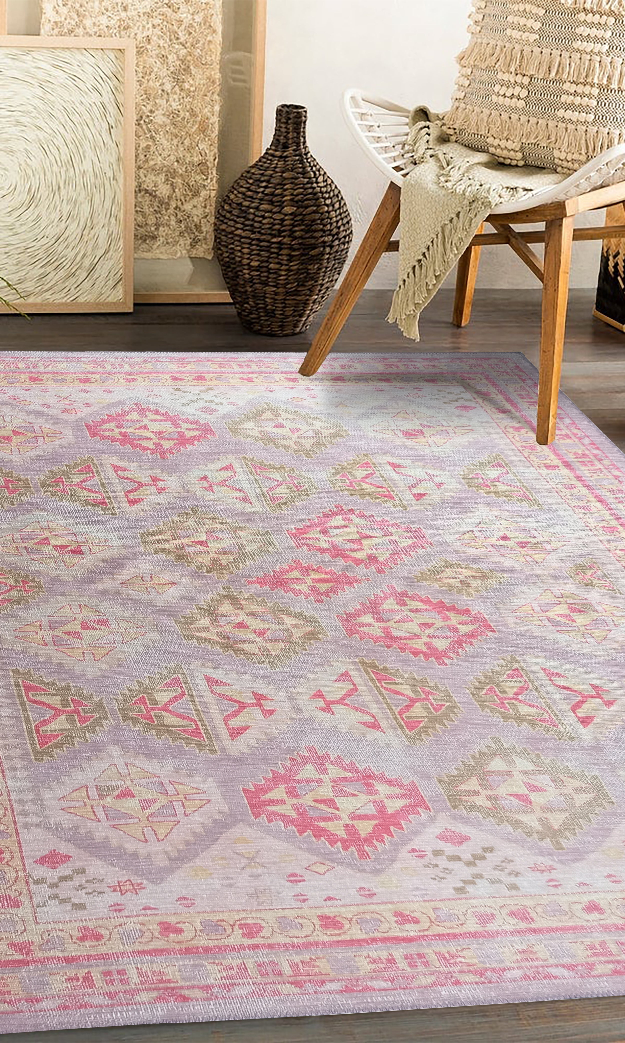 Lilac Purple Pink Herki Vintage Rug