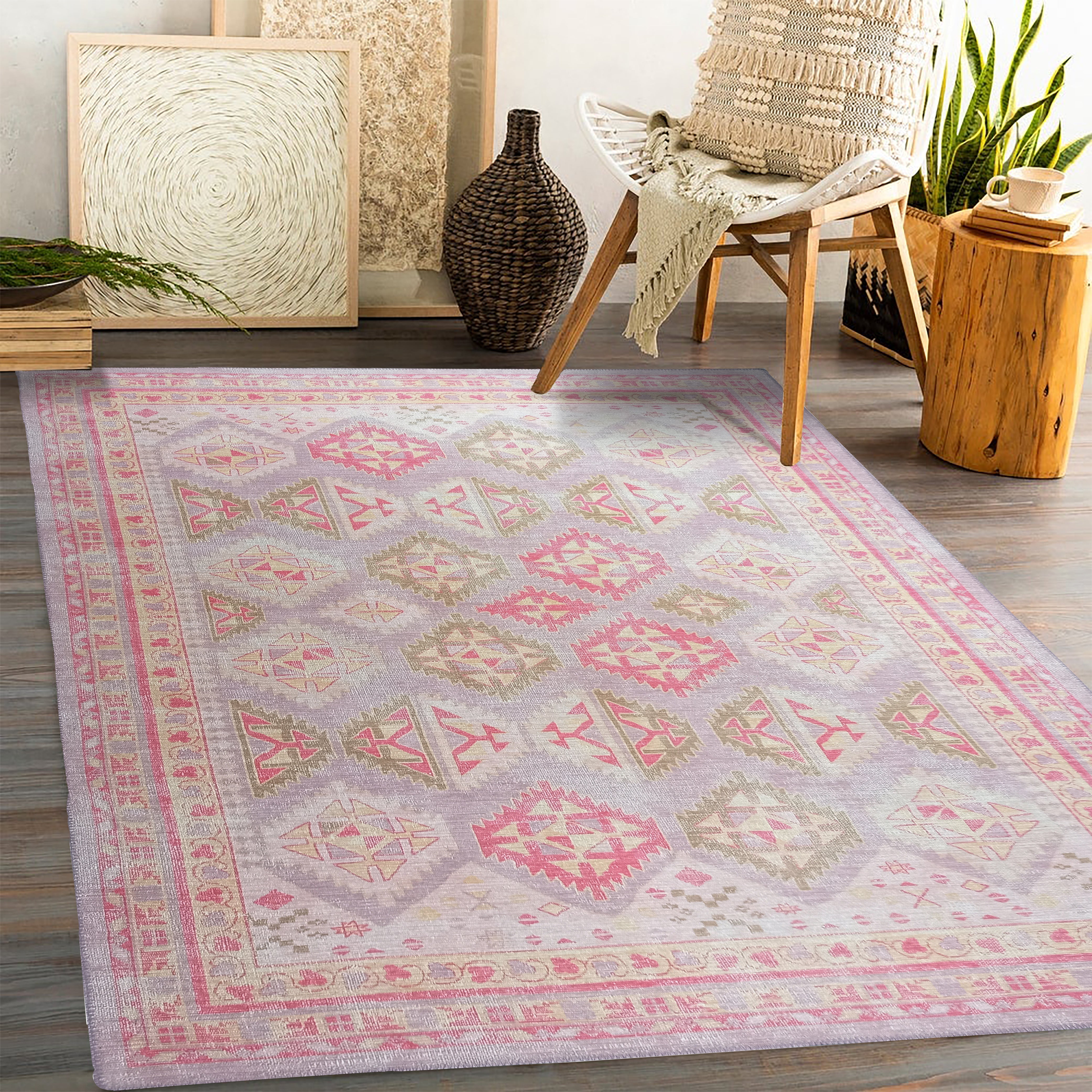 Lilac Purple Pink Herki Vintage Rug