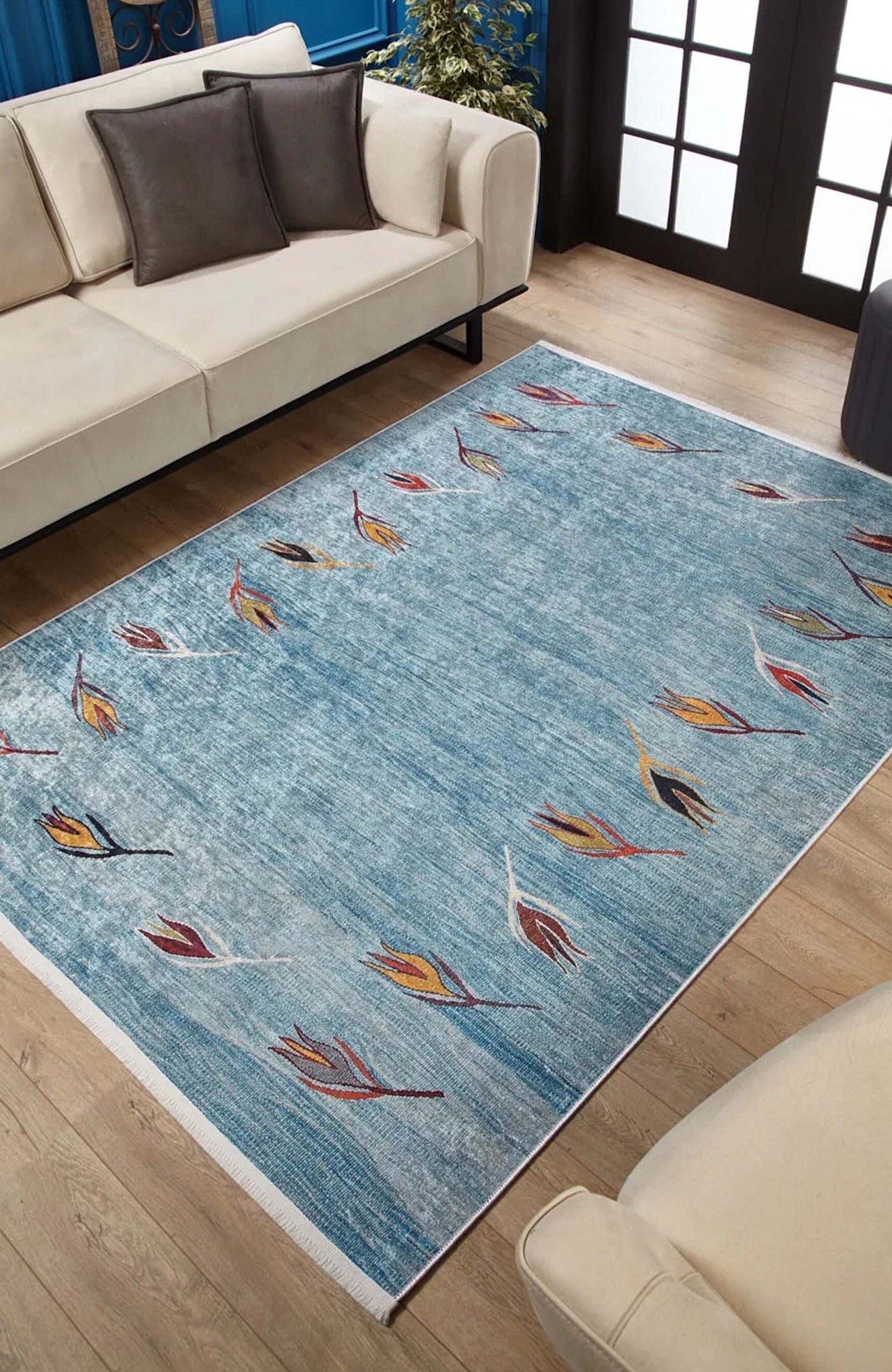 Litya Turkish Kilim Light Blue and Orange Rug