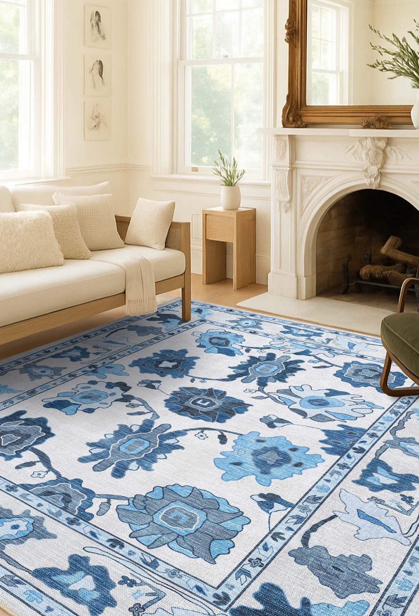 Ellis Navy Blue White Modern Floral Oushak Rug