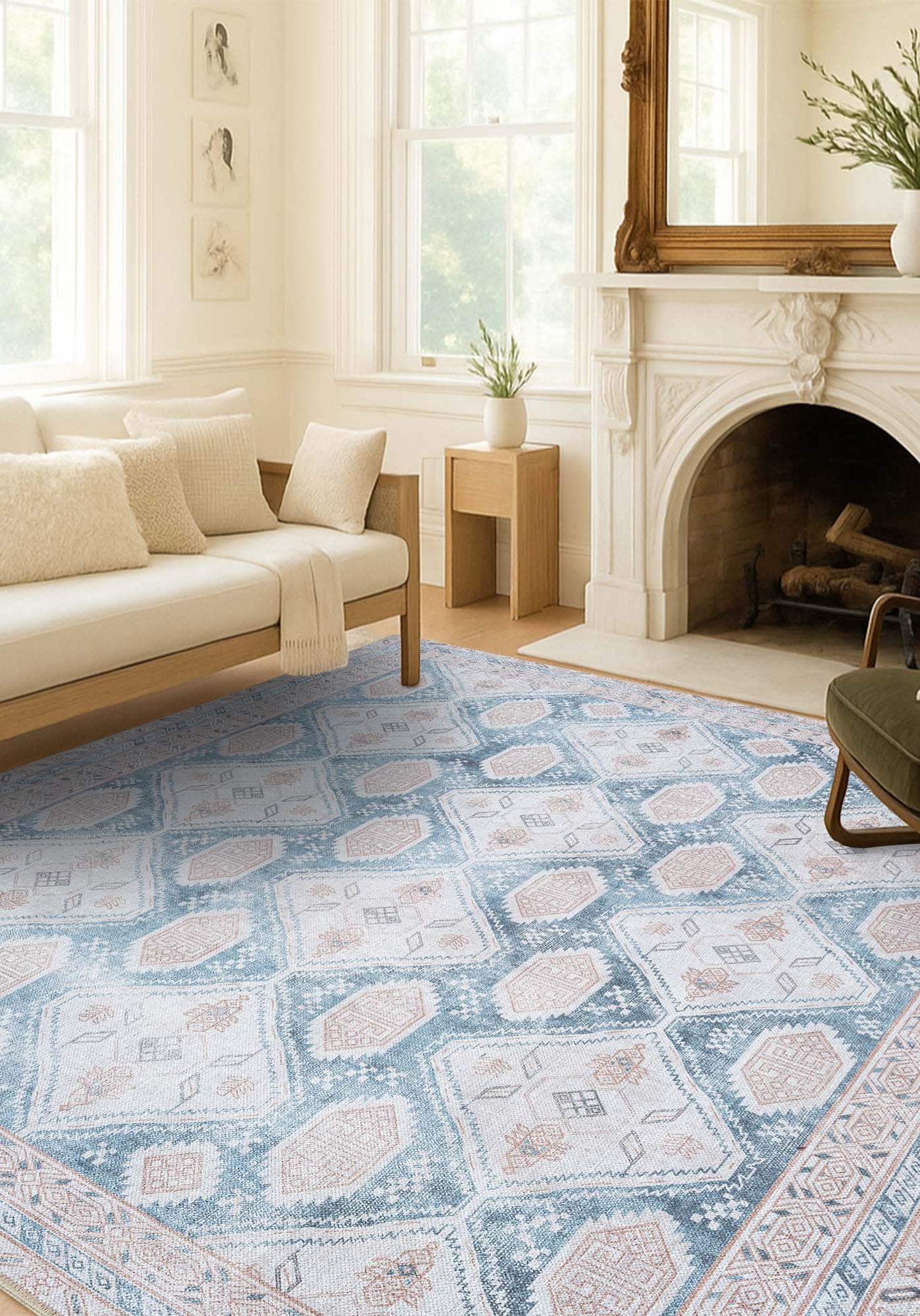 Samara Cream Blue Distressed Turkish Rug