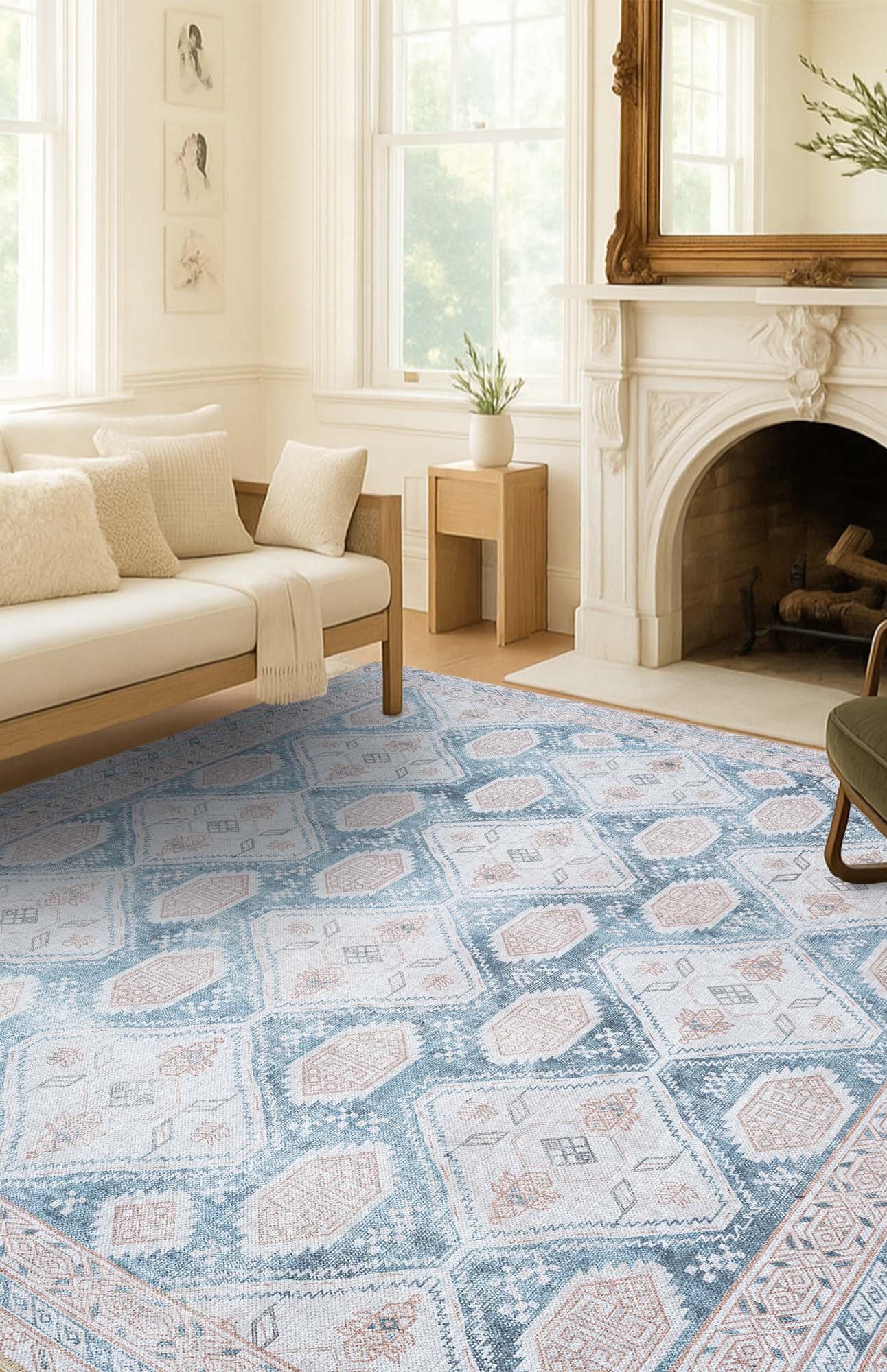 Samara Cream Blue Distressed Turkish Rug