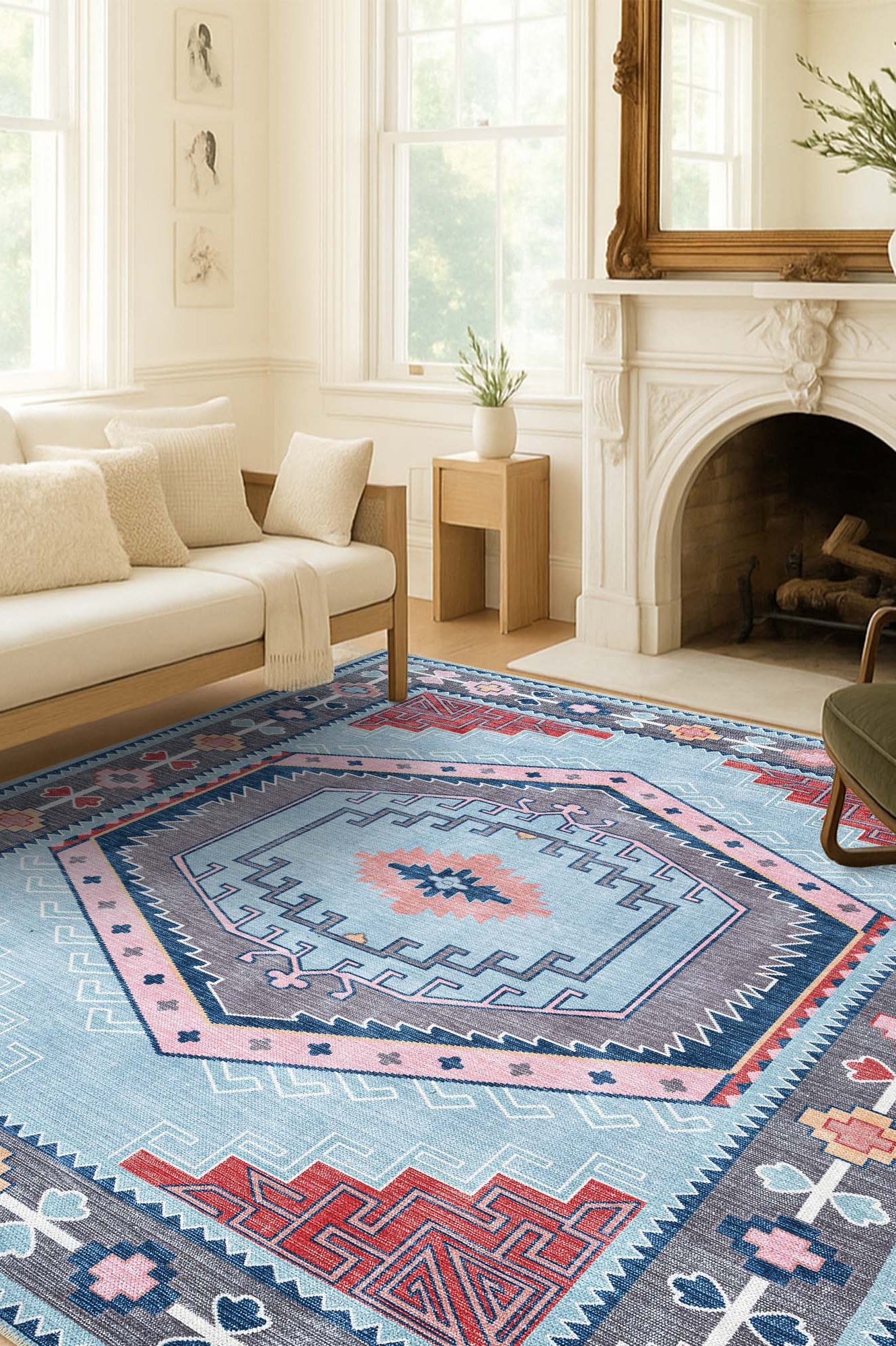 Leena Blue Colorful Aesthetic Oushak Rug