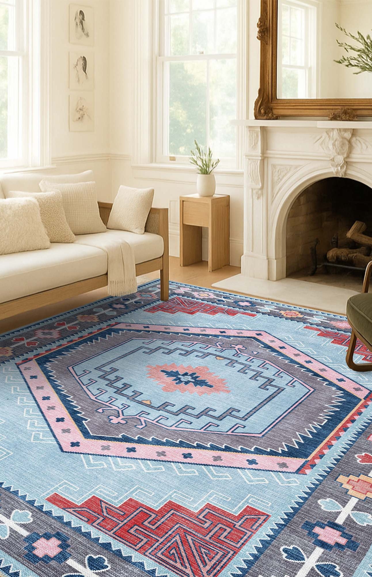 Leena Blue Colorful Aesthetic Oushak Rug