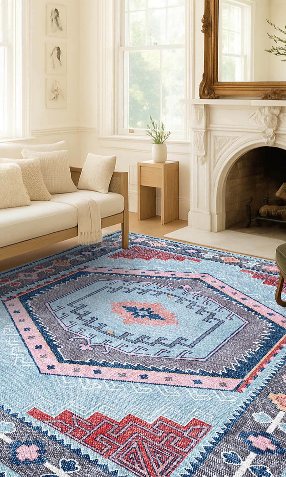Leena Blue Colorful Aesthetic Oushak Rug