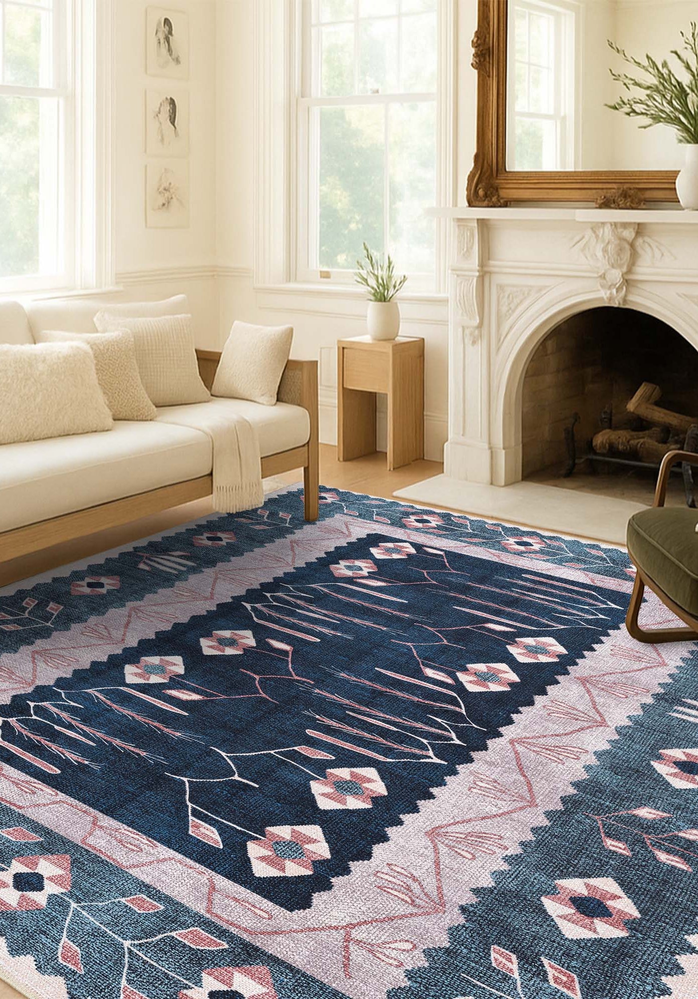 Marceline Navy Blue Floral Turkish Kilim Rug