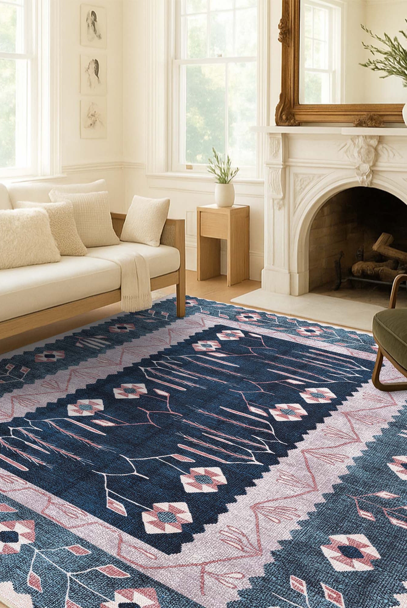Marceline Navy Blue Floral Turkish Kilim Rug