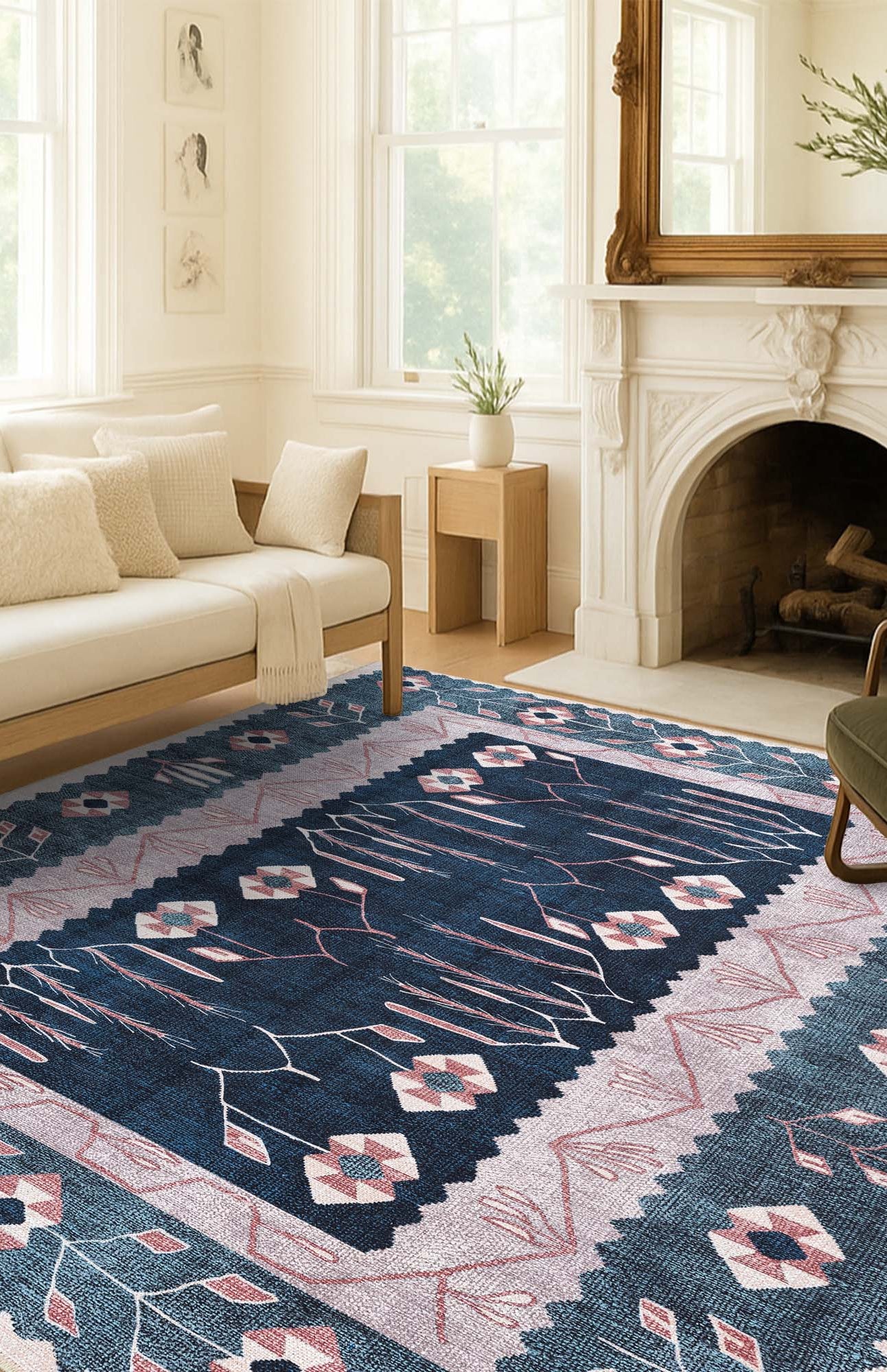 Marceline Navy Blue Floral Turkish Kilim Rug