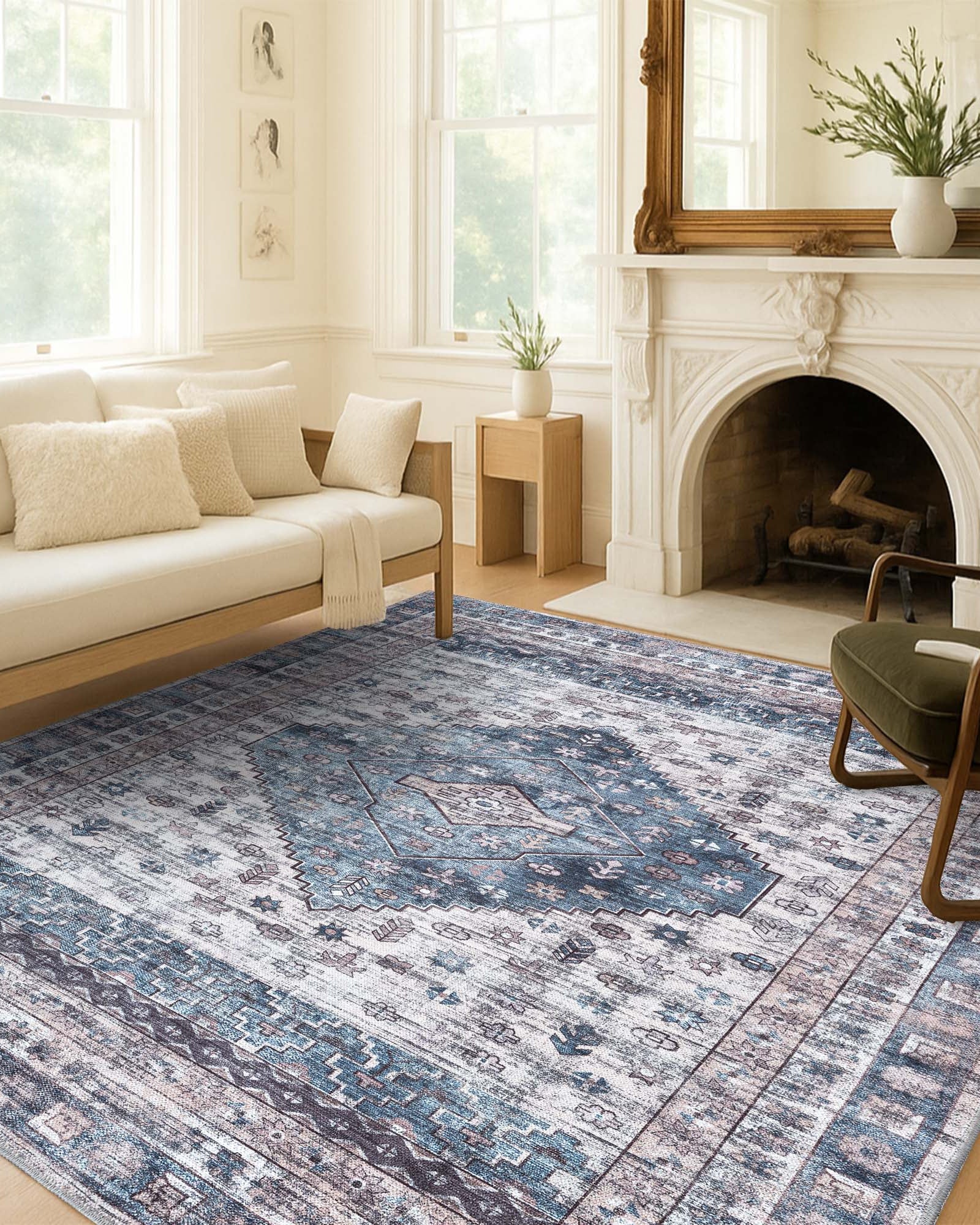 Emerson Navy Cream Modern Distressed Persian Rug