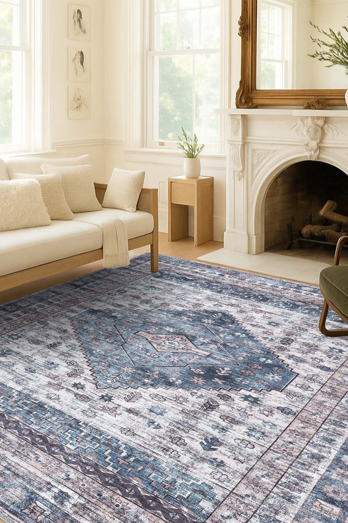 Emerson Navy Cream Modern Distressed Persian Rug