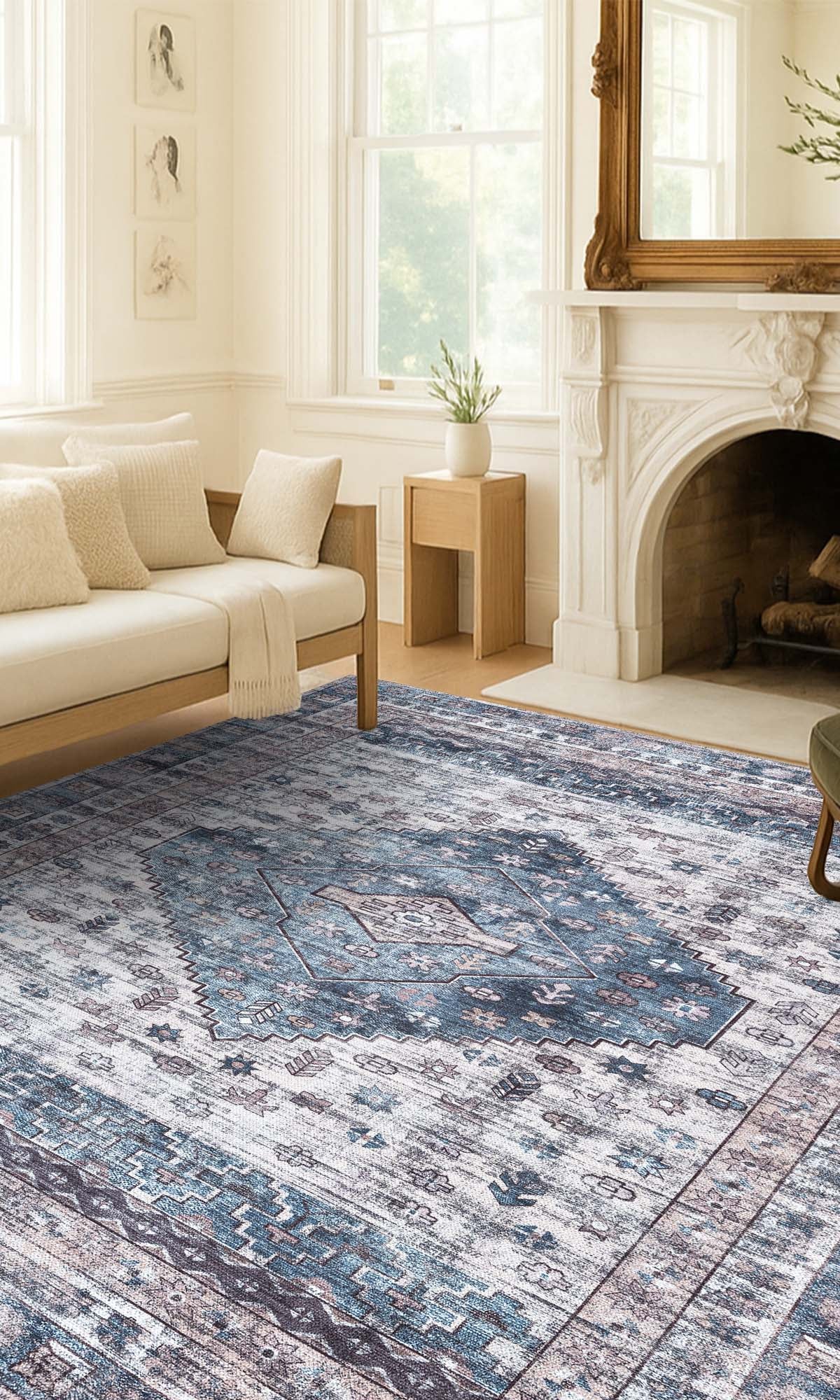 Emerson Navy Cream Modern Distressed Persian Rug