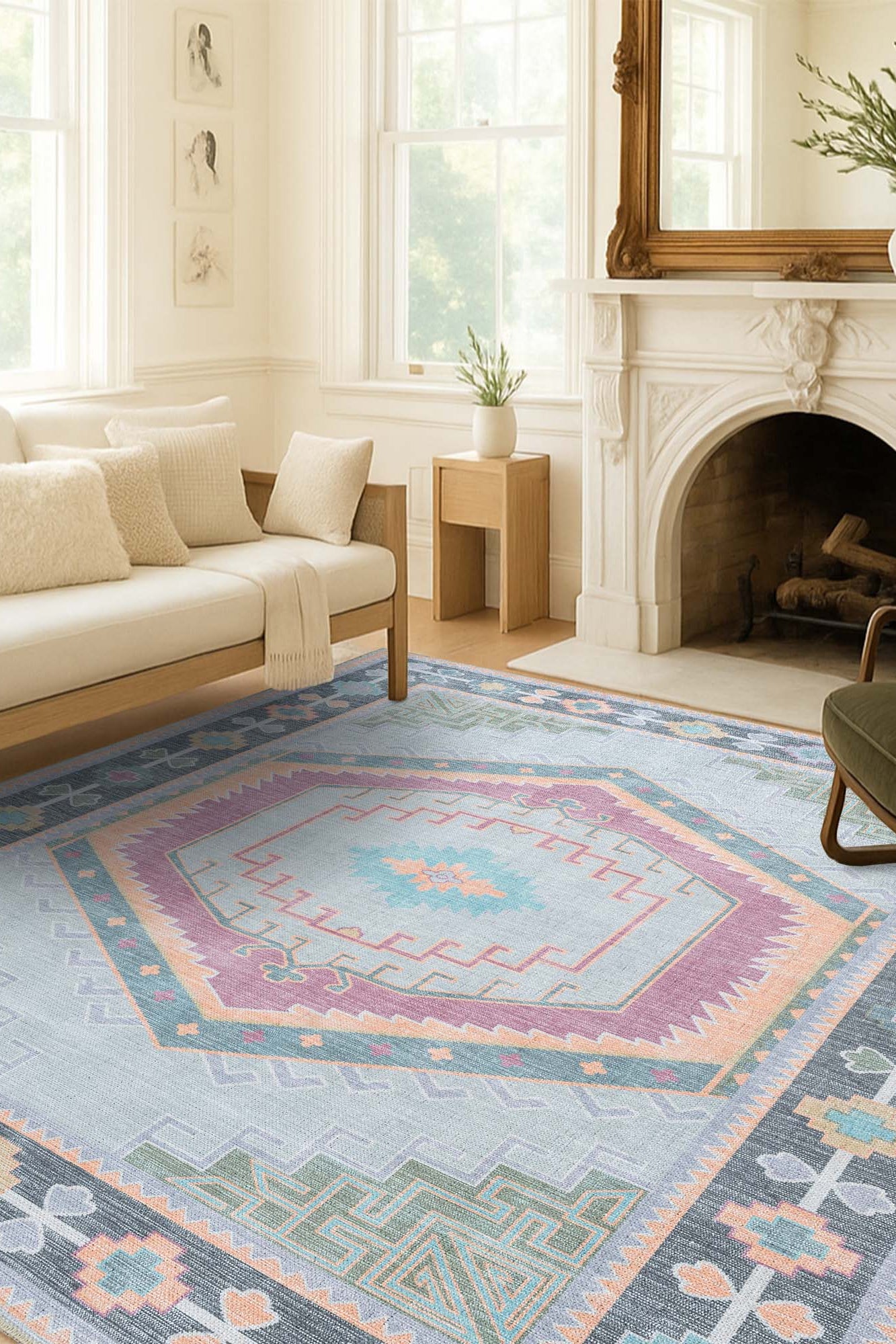 Kyra Green Pink Aesthetic Oushak Rug