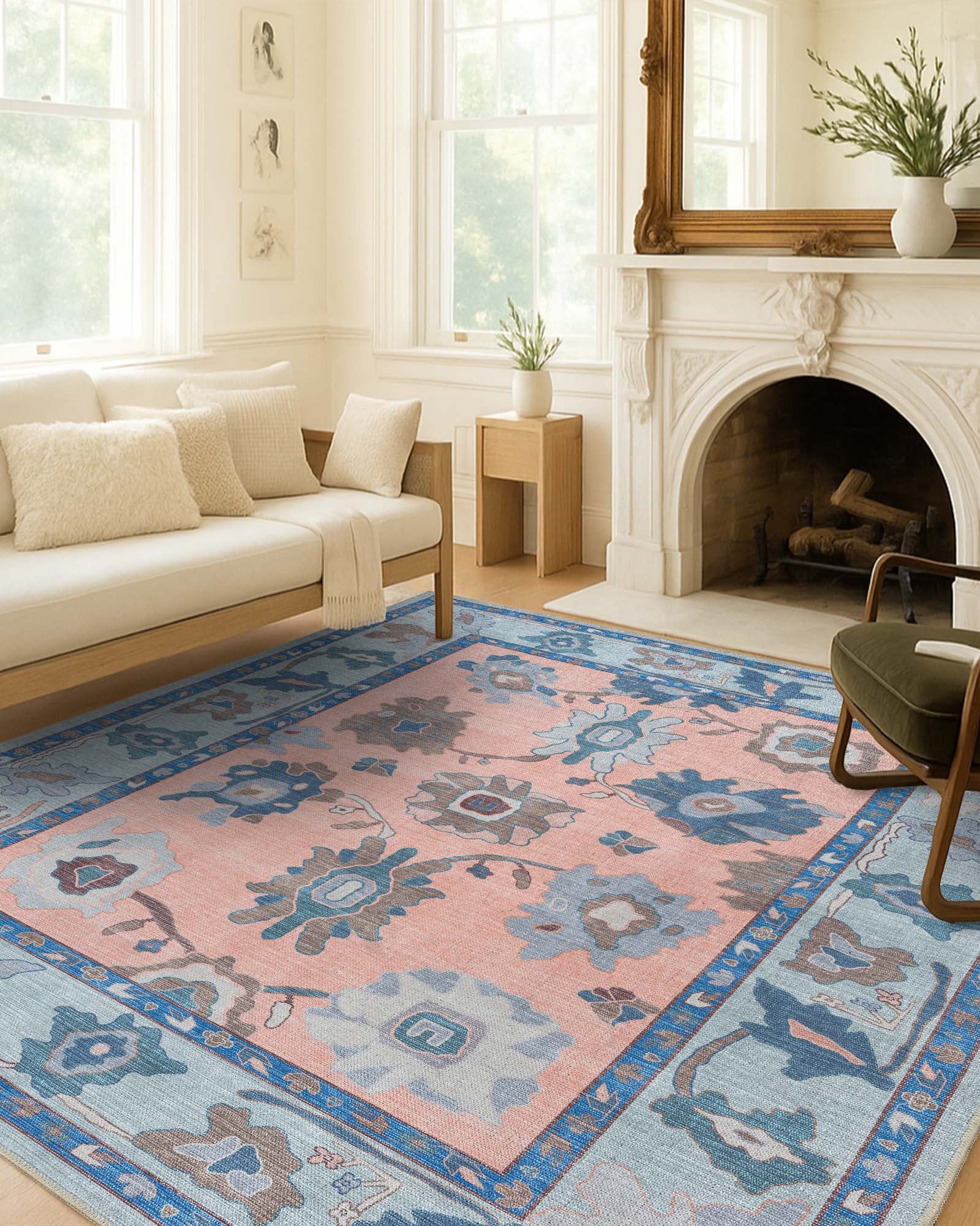 Menna Salmon Orange Blue Modern Oushak Rug