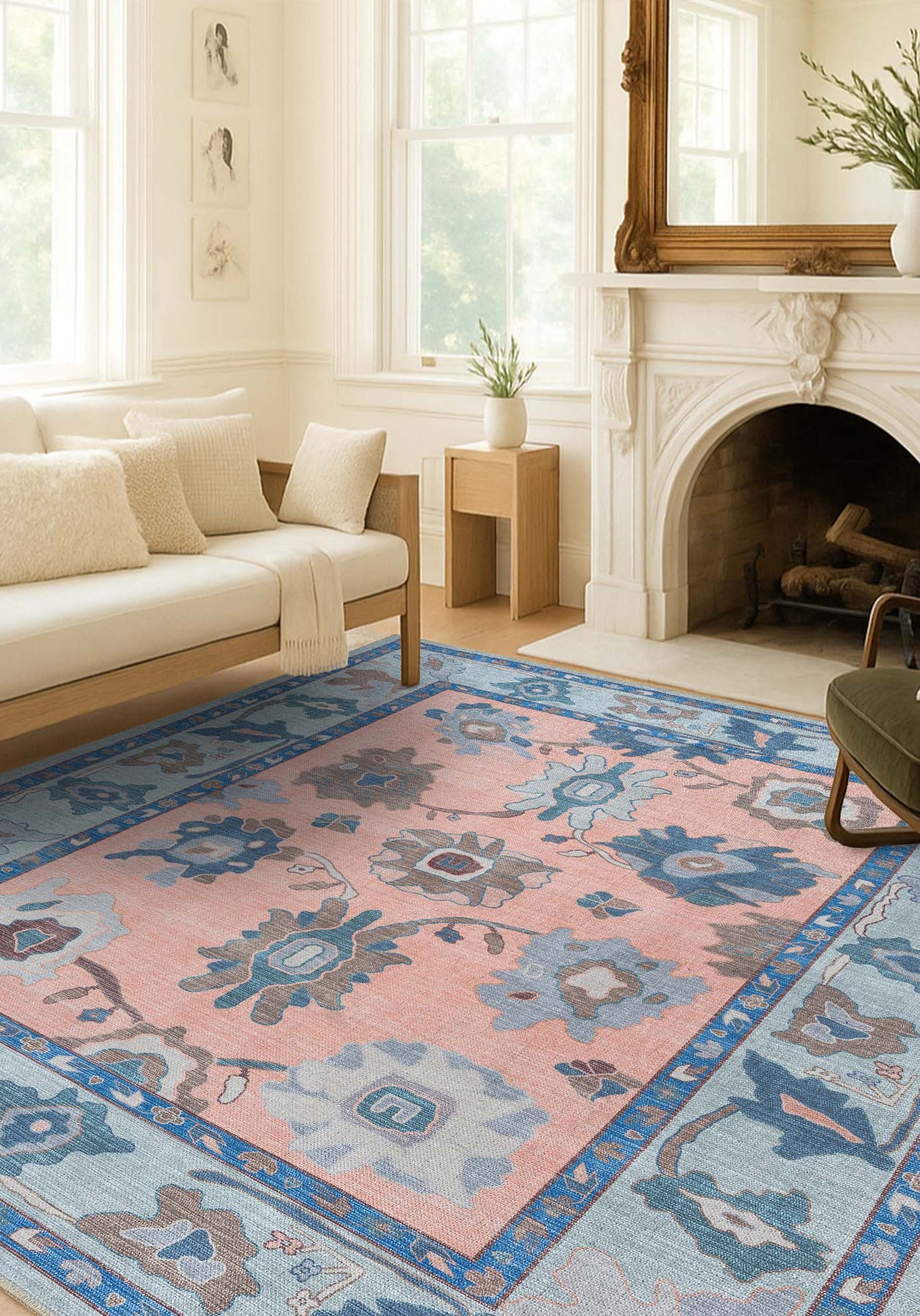 Menna Salmon Orange Blue Modern Oushak Rug