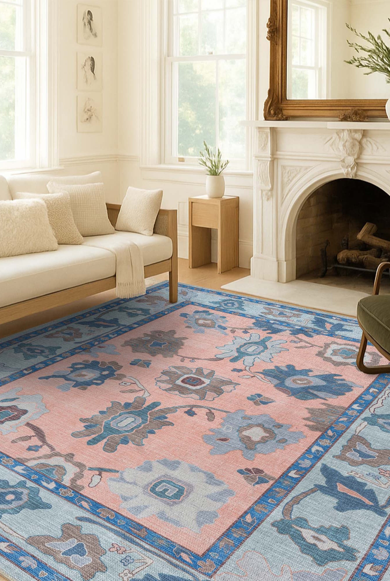 Menna Salmon Orange Blue Modern Oushak Rug