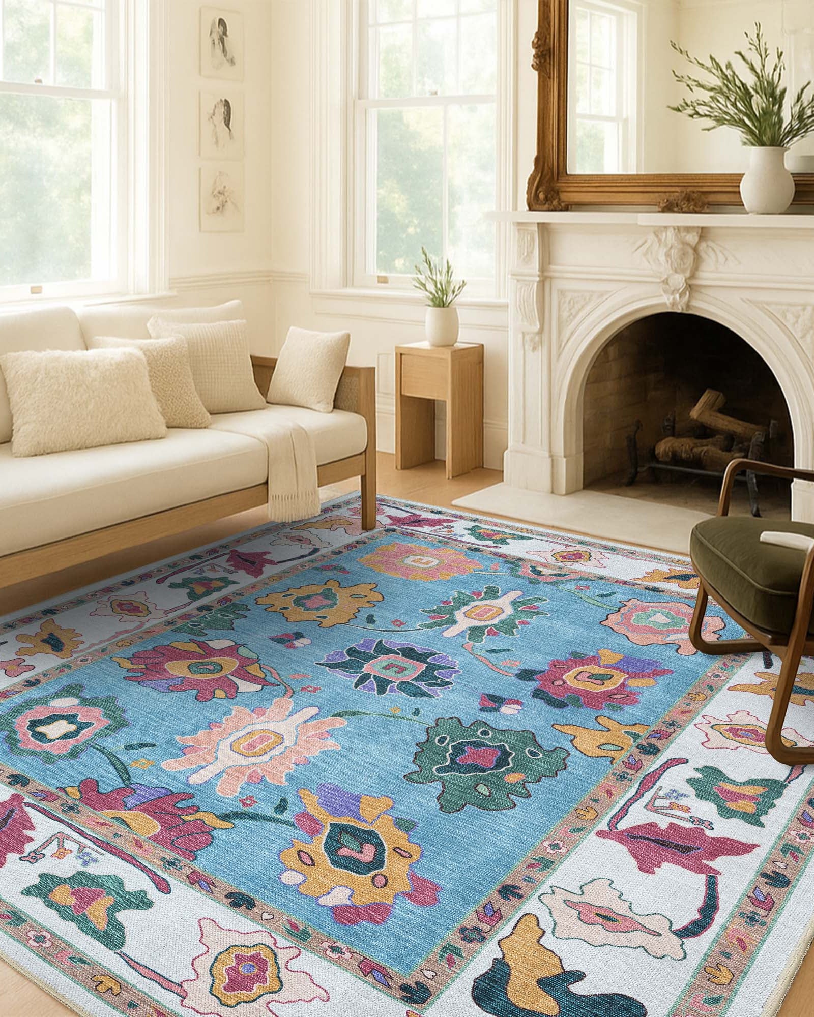 Farhana Green Colorful Floral Modern Oushak Rug