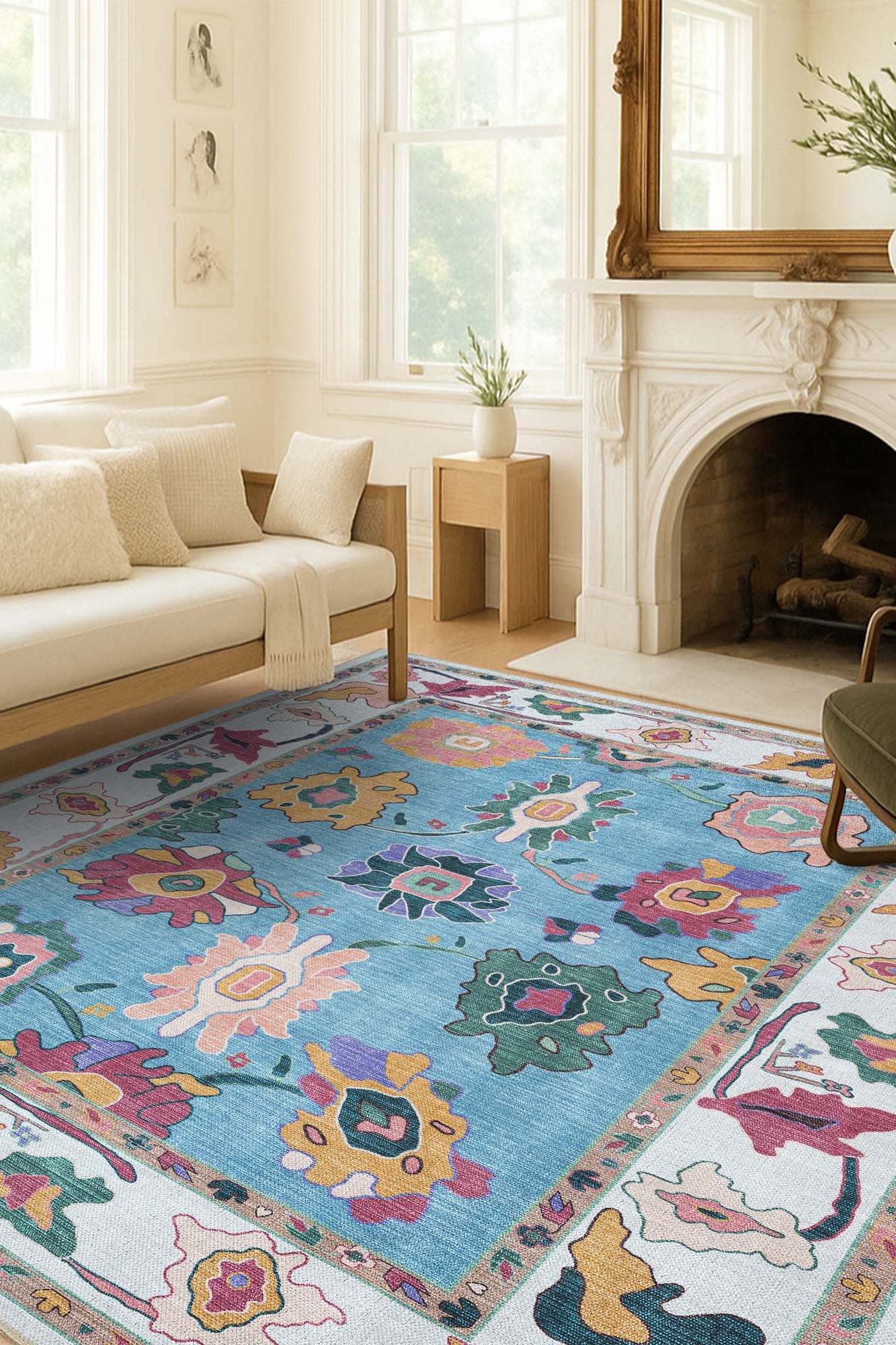 Farhana Green Colorful Floral Modern Oushak Rug