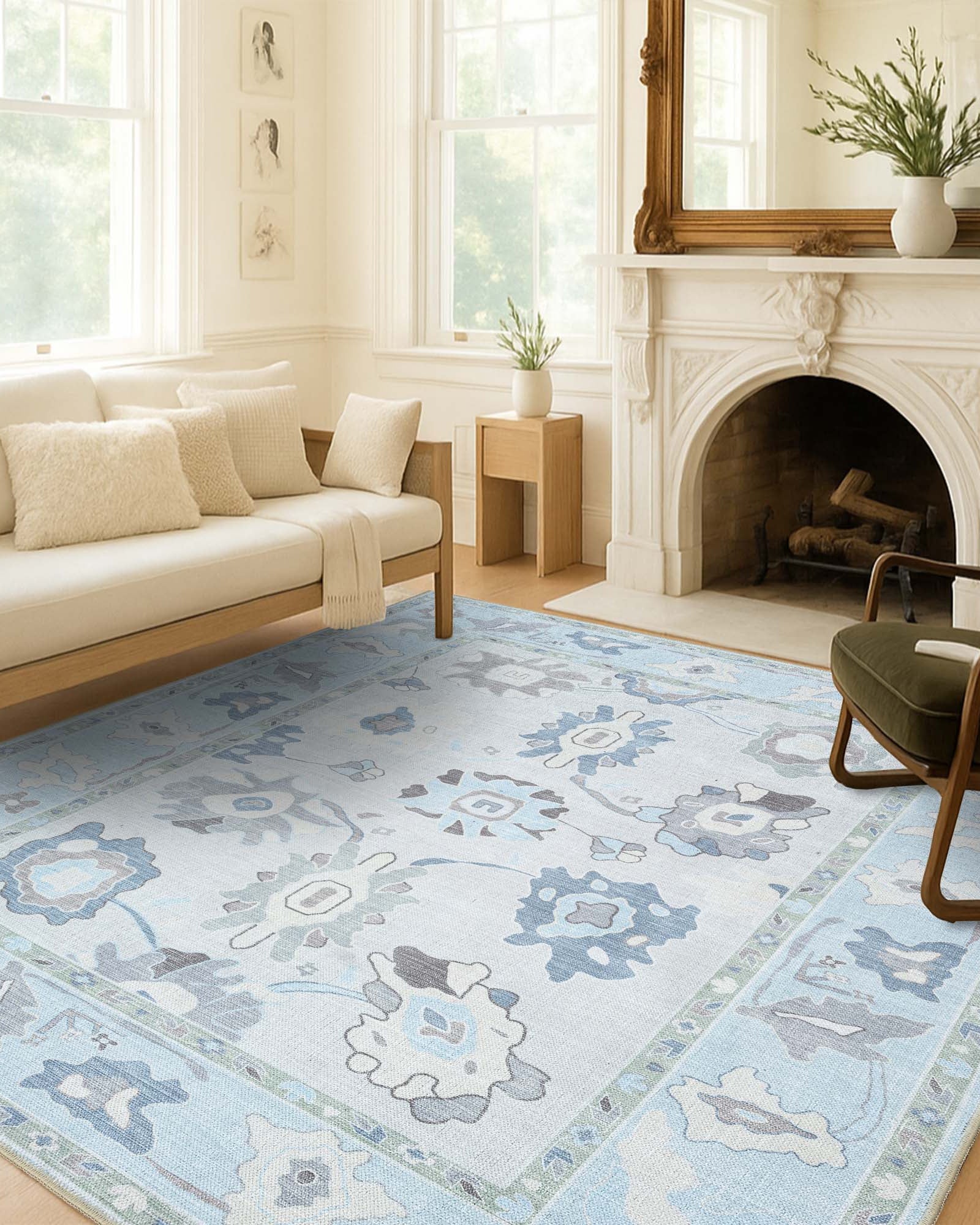 Pamira Cream Blue Floral Modern Oushak Rug