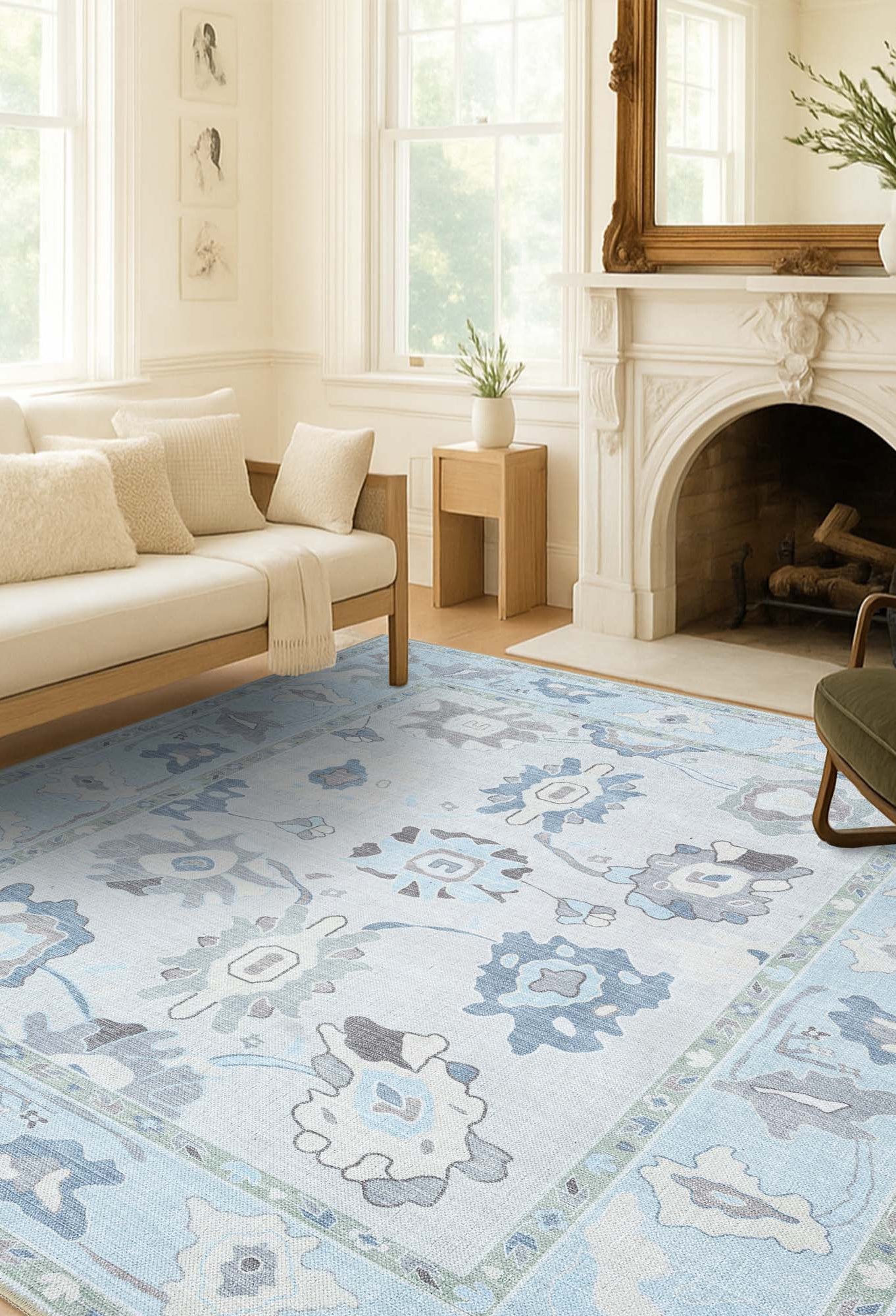 Pamira Cream Blue Floral Modern Oushak Rug