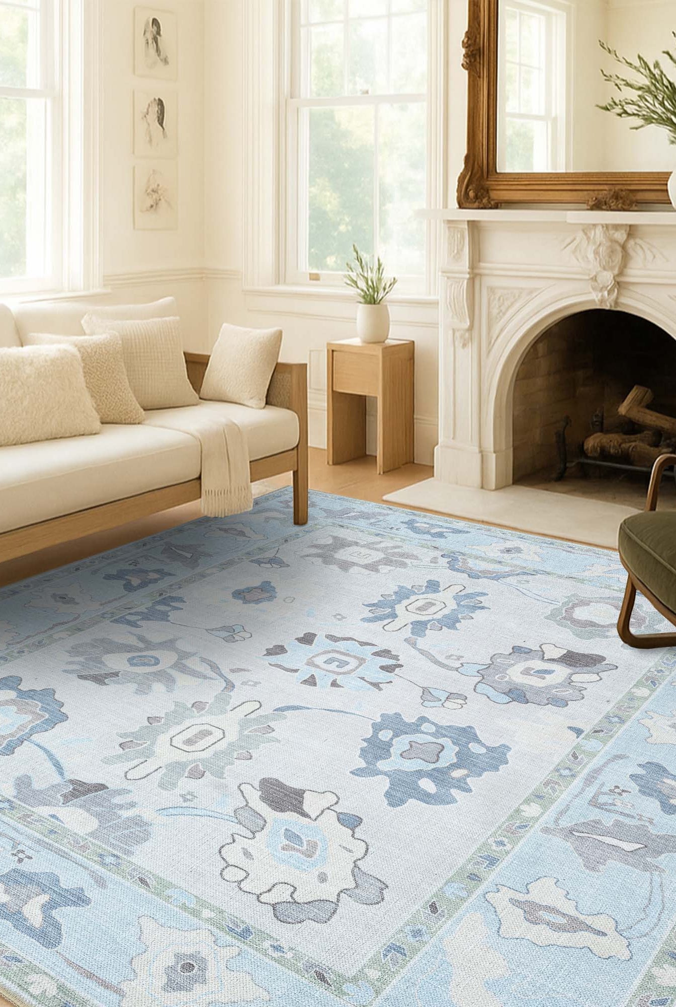 Pamira Cream Blue Floral Modern Oushak Rug