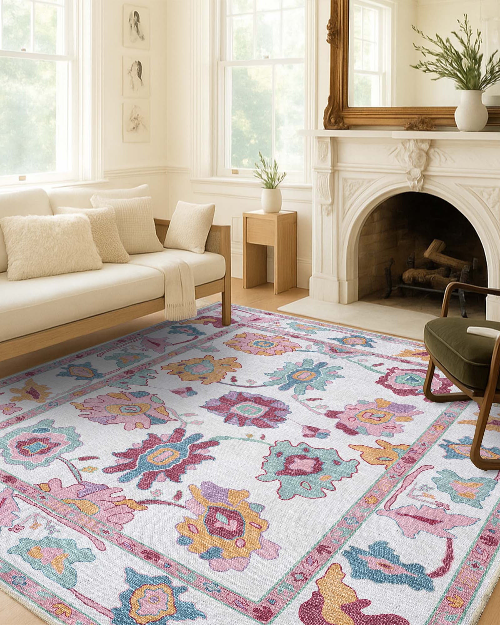 Florine Pastel Pink Orange Floral Oushak Rug