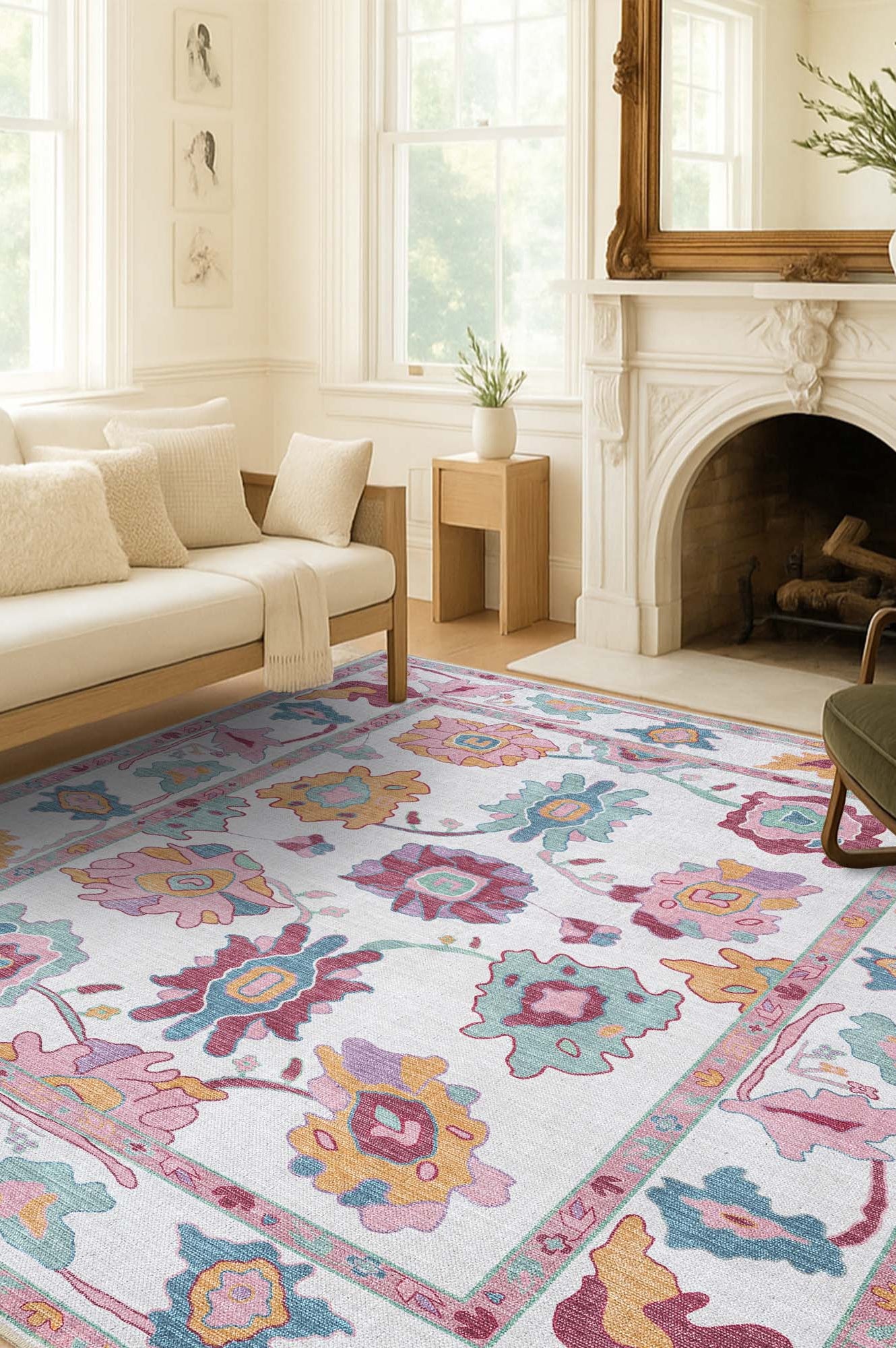 Florine Pastel Pink Orange Floral Oushak Rug